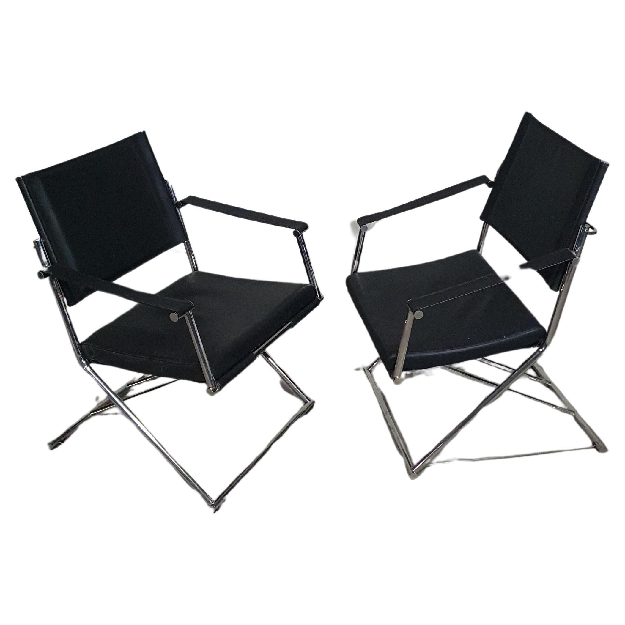 2 x 1986 Mark Singer EUROKA Leather/ Campaign Folding Chair Glider MOMA Modern For Sale