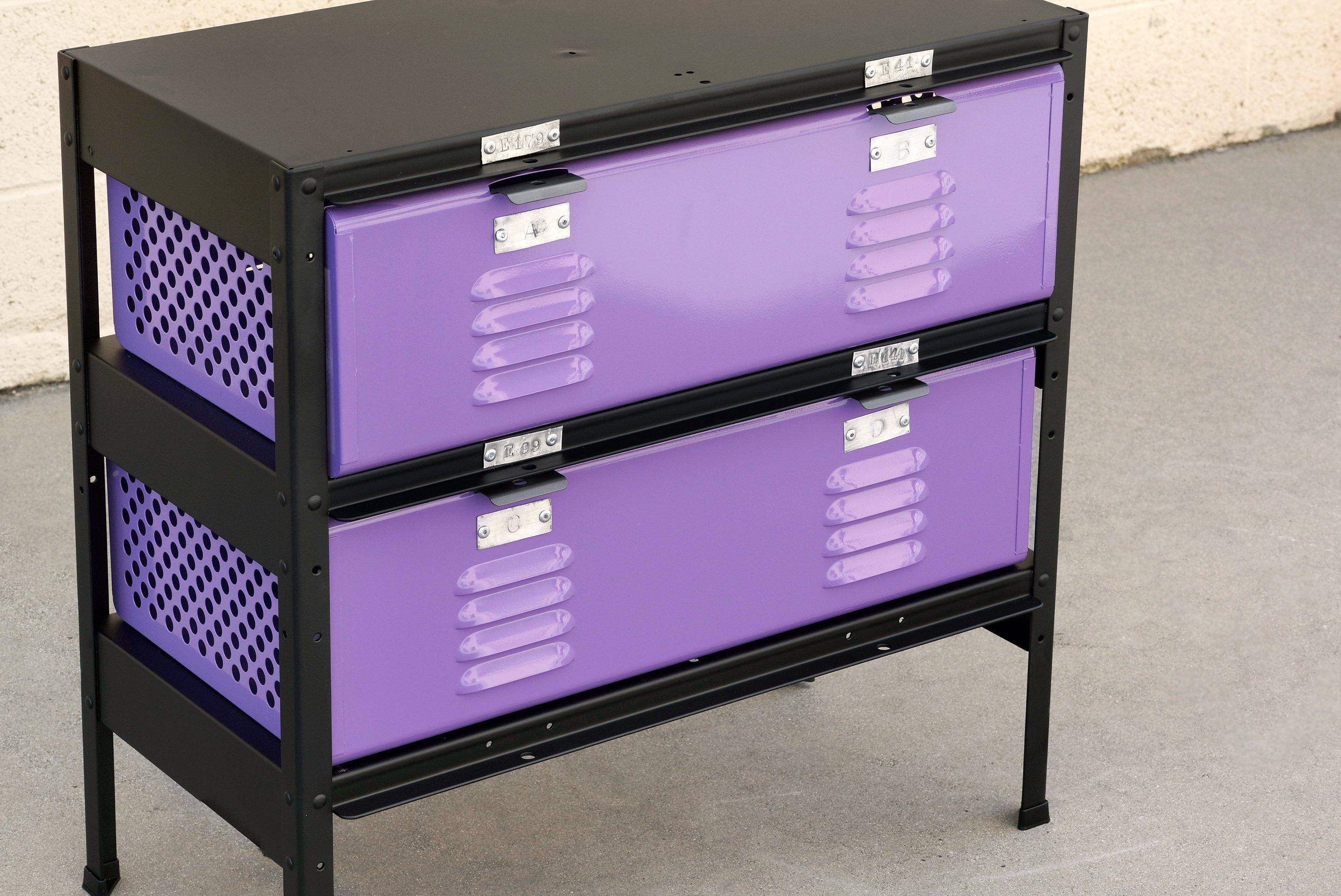 Our newly fabricated locker basket units are inspired by the midcentury classics we've been refinishing for years. Featured here is a 2 x 2 unit with Lilac powder coated baskets and matte black steel frame. This unit includes two specialty double