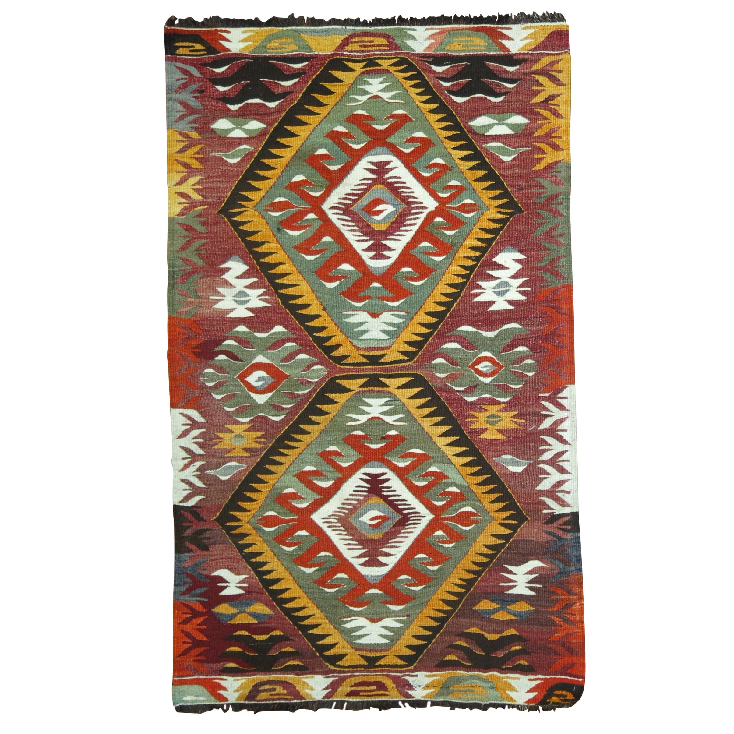 Tribal Mid-20th Century Hand Knotted Geometric Colorful Turkish Kilim For Sale