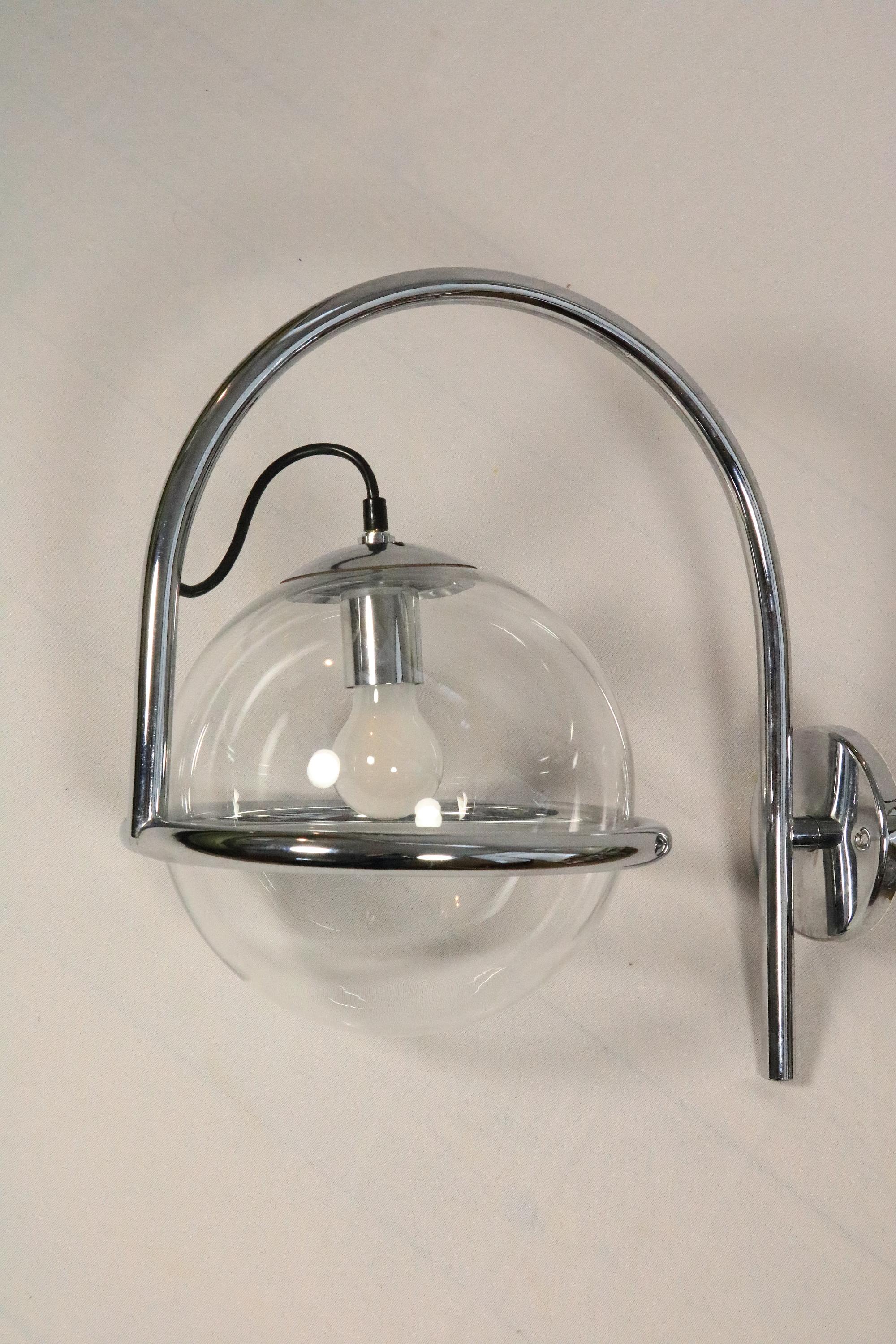 2 x Big Glass Ball Wall Lamp by Kinkeldey, Germany, Chrome Frame, 1970s