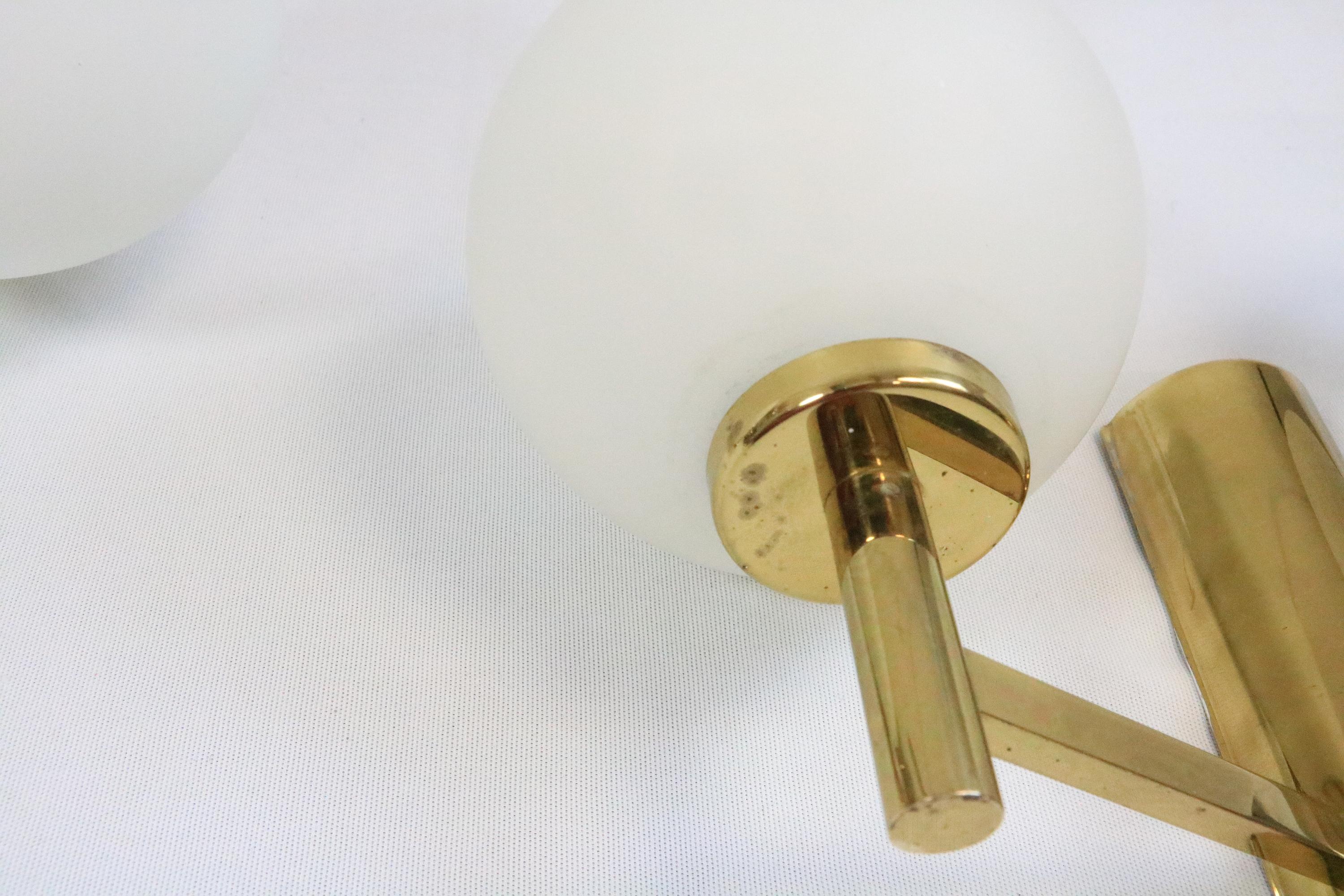 2 x Double Wall Lamp, Wall Sconce, Glass Balls, Brass, Leclaire, 1970s For Sale 4