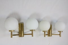 2 x Double Wall Lamp, Wall Sconce, Glass Balls, Brass, Leclaire, 1970s