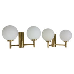 2 x Double Wall Lamp, Wall Sconce, Glass Balls, Brass, Leclaire, 1970s