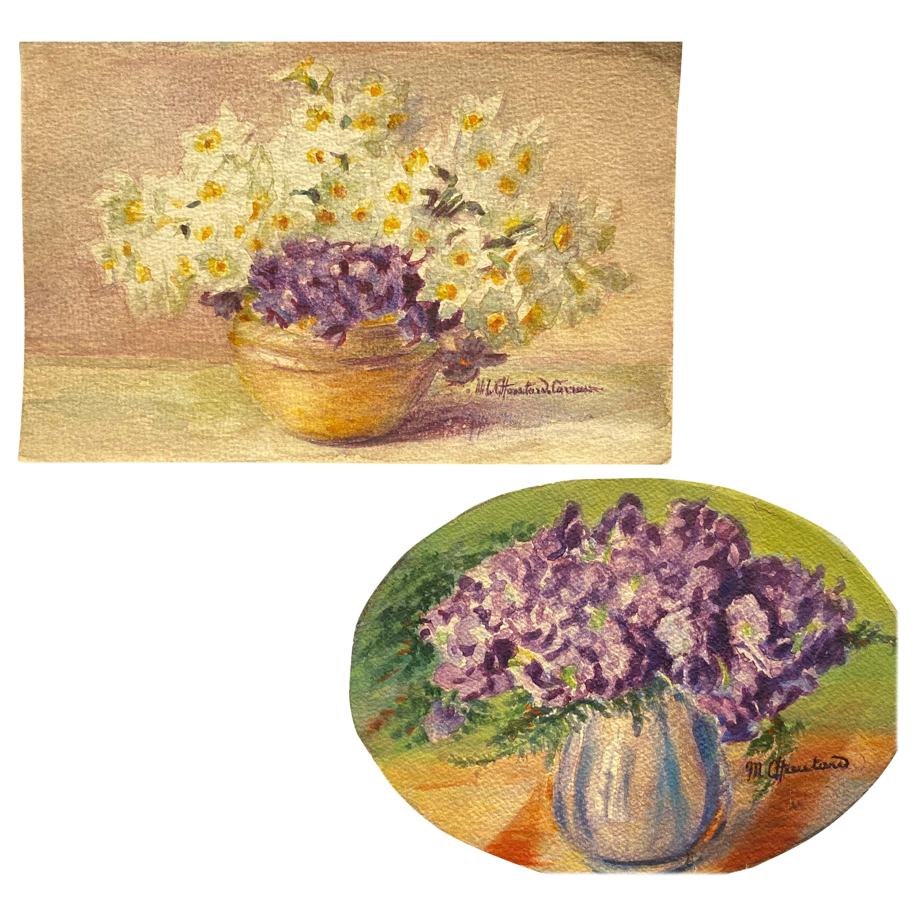 2 aquarelles à fleurs impressionnistes françaises signées Marie Carreau du début des années 1900 en vente