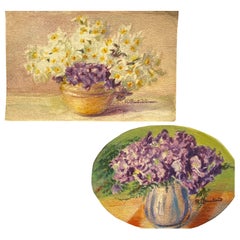 2 x frühe 1900's Französisch Impressionist signiert Blume Aquarelle Marie Carreau