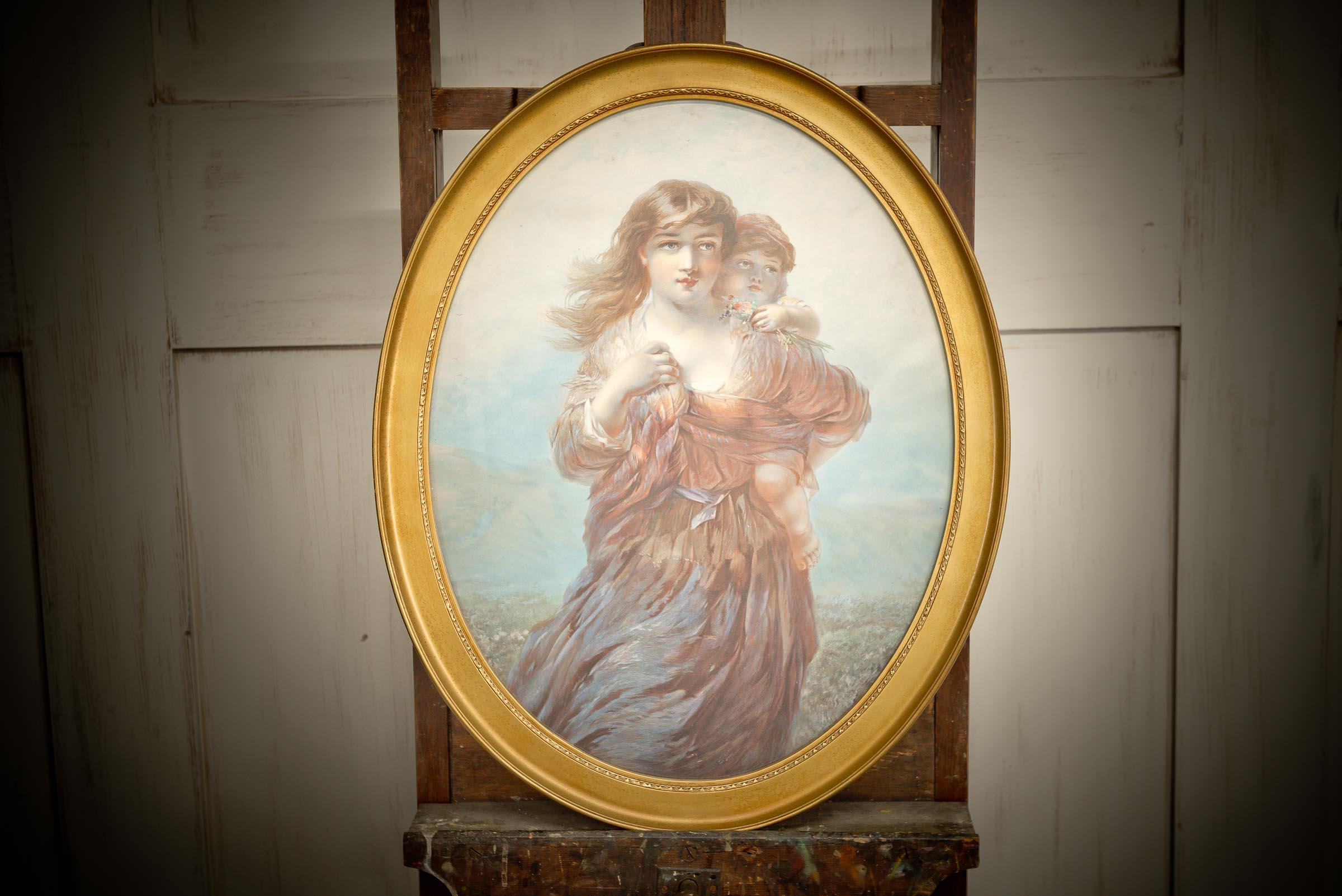 Peinture 2 x Impressions de femmes ovales encadrées dorées en vente