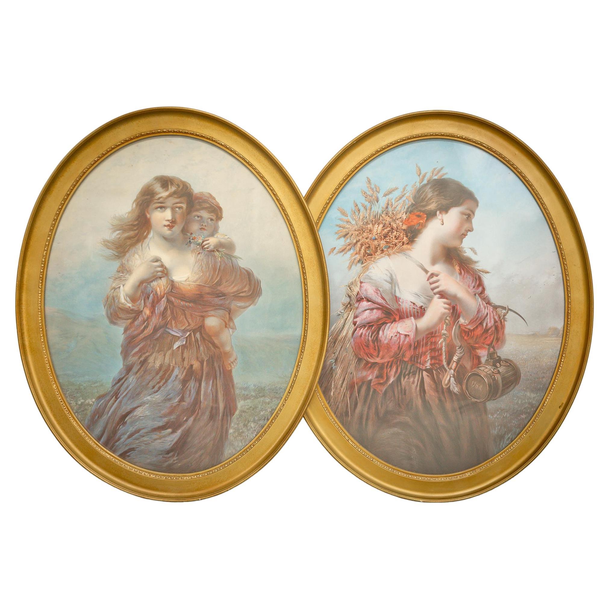 2 x vergoldete ovale gerahmte Frauendrucke im Angebot