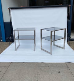 2 x Guy Lefevre 1970s Two Tiered Side Tables Steel Smoked Glass Bedside Jansen
