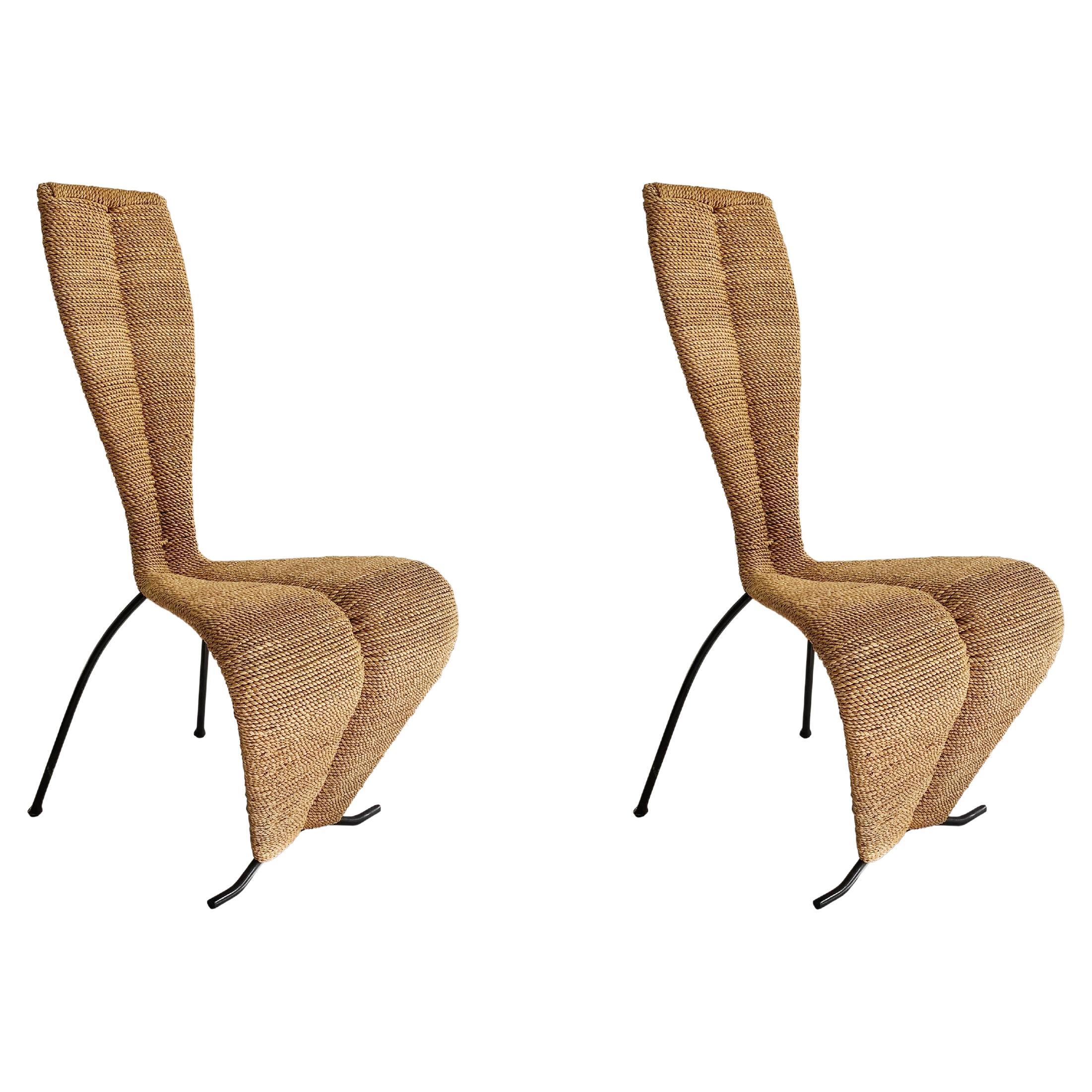 2 x Hourglass Rope Dining Chairs Tom Dixon Style Metal Frame UK 1980s Postmodern