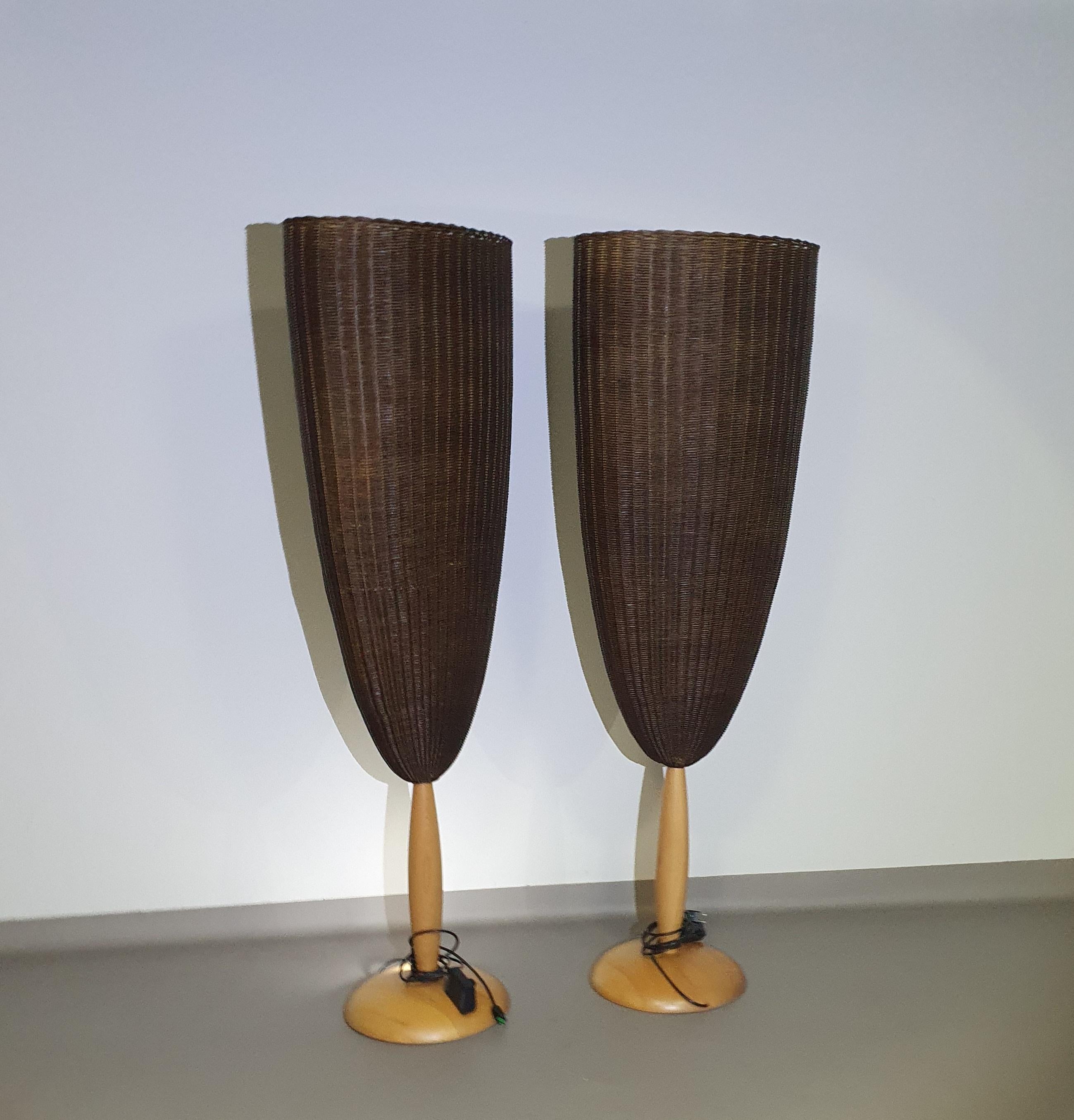 Italian 2 x Marco Agnoli for Pierantonio Bonacina XL / Flûte Floor Lamp in Cane and Wood For Sale