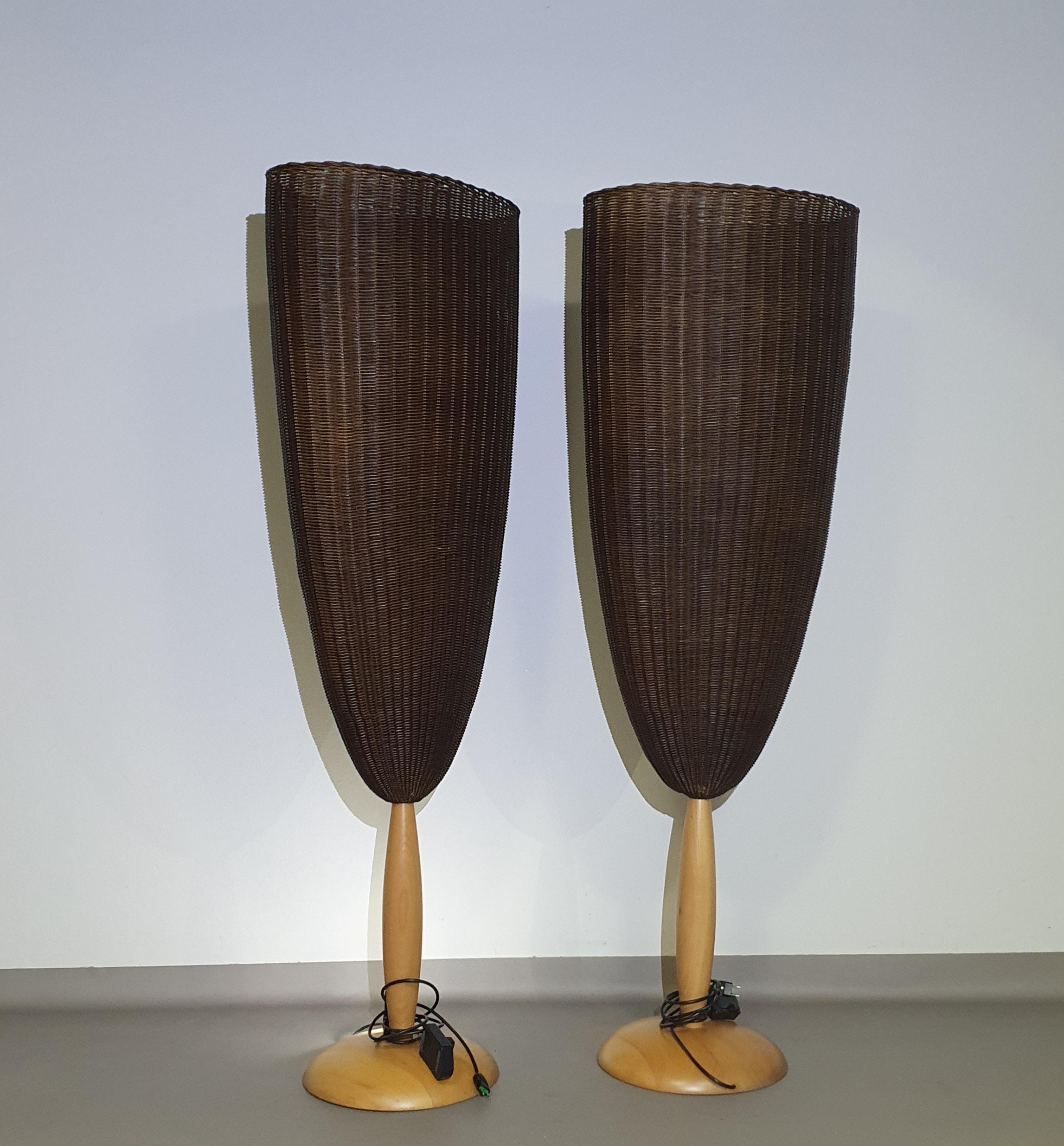 Woven 2 x Marco Agnoli for Pierantonio Bonacina XL / Flûte Floor Lamp in Cane and Wood For Sale