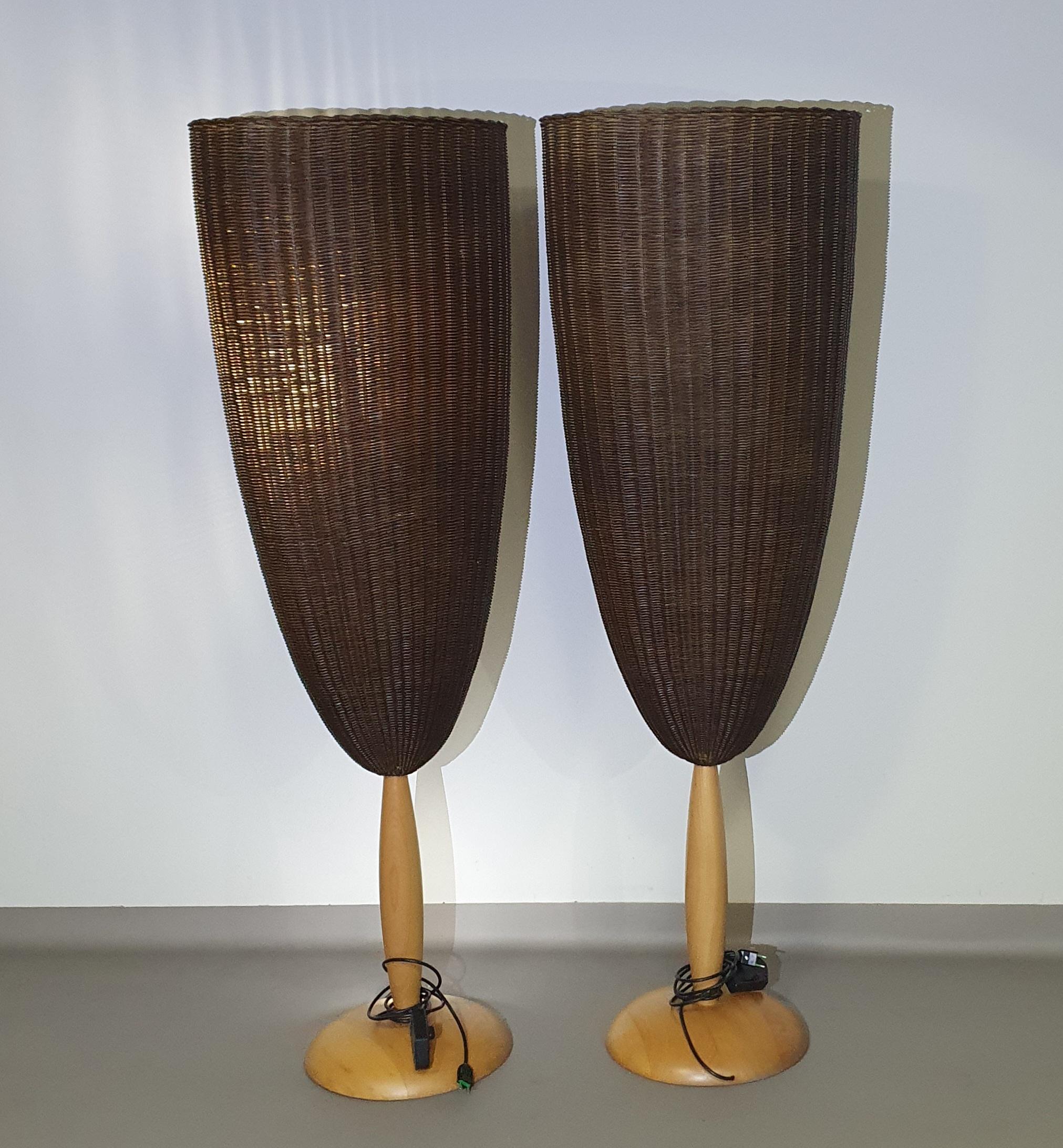 Late 20th Century 2 x Marco Agnoli for Pierantonio Bonacina XL / Flûte Floor Lamp in Cane and Wood For Sale