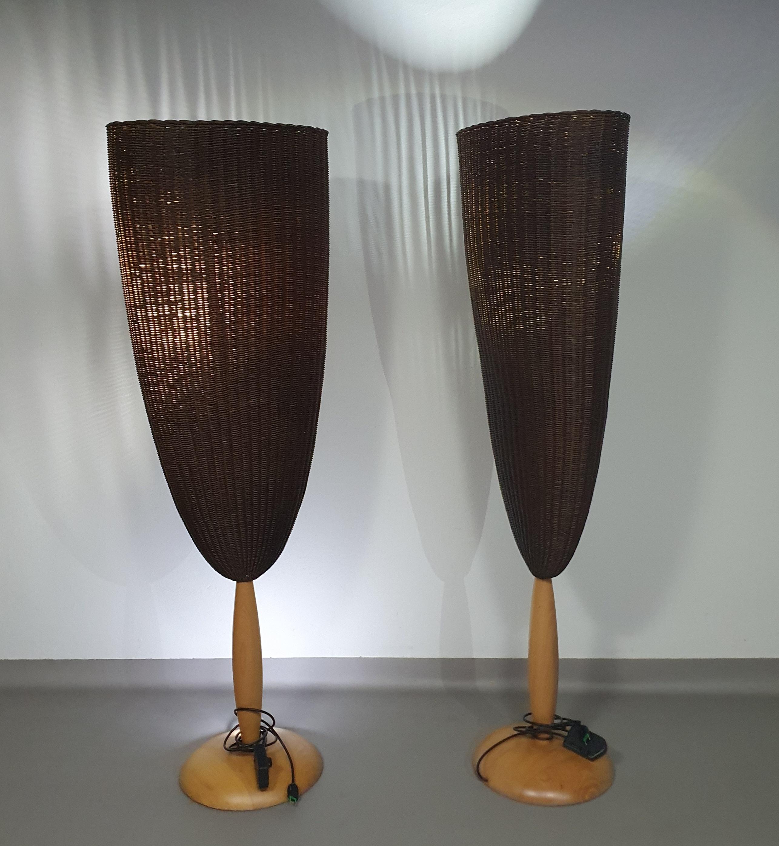 Iron 2 x Marco Agnoli for Pierantonio Bonacina XL / Flûte Floor Lamp in Cane and Wood For Sale