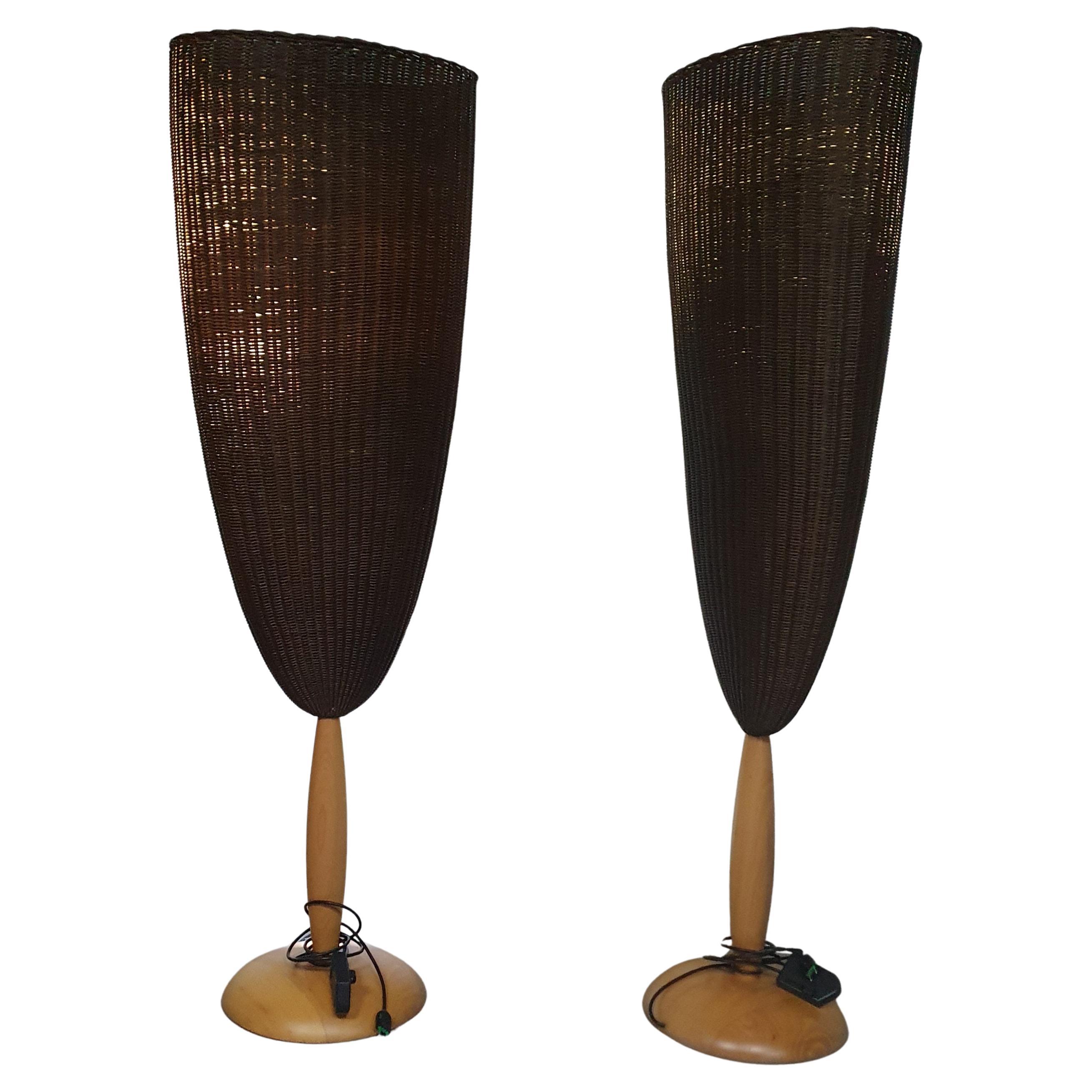 2 x Marco Agnoli for Pierantonio Bonacina XL / Flûte Floor Lamp in Cane and Wood For Sale