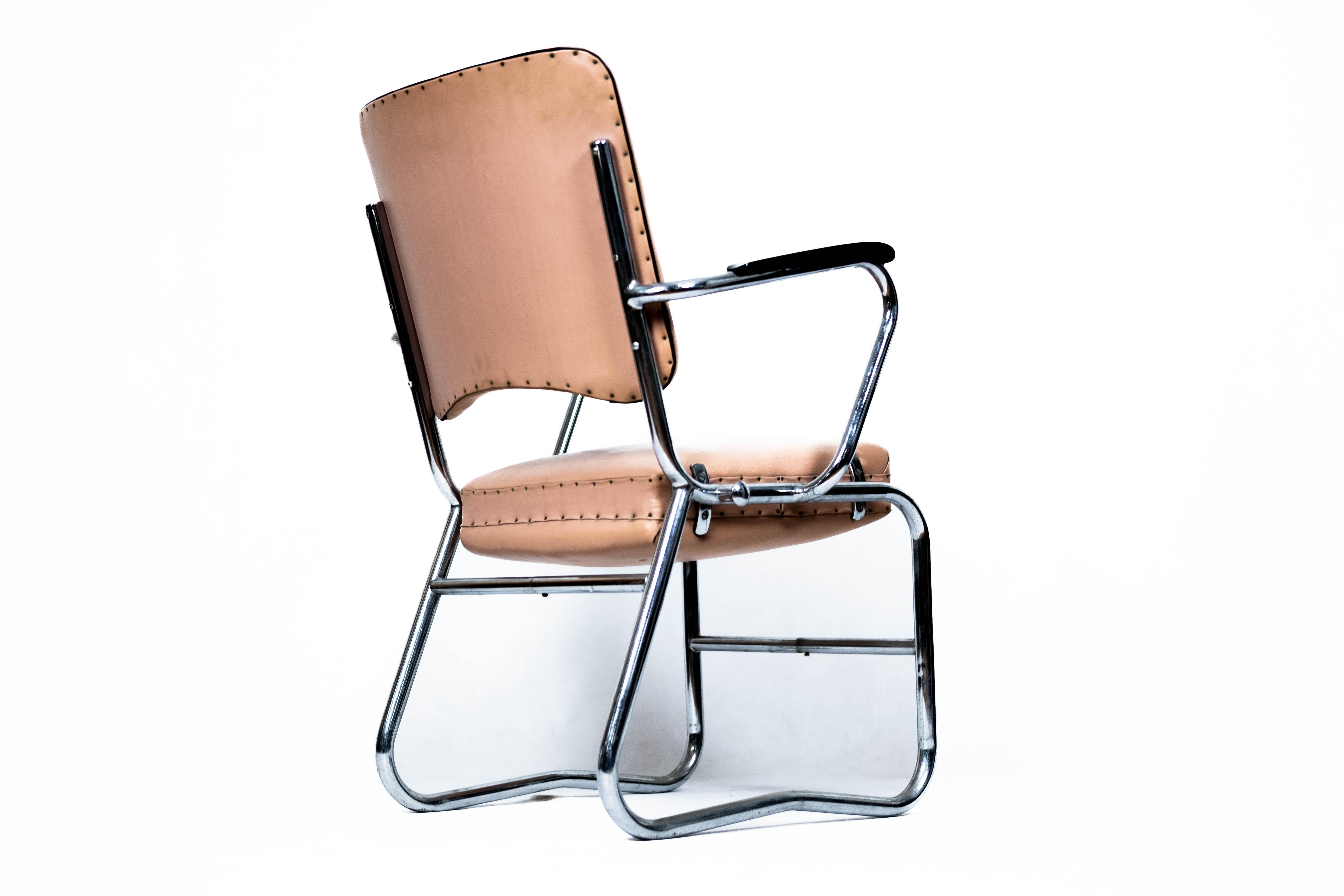 2 x Pink Midcentury Steelpipe-Armchair with rotatable seat (Netherlands, 1945) For Sale 3