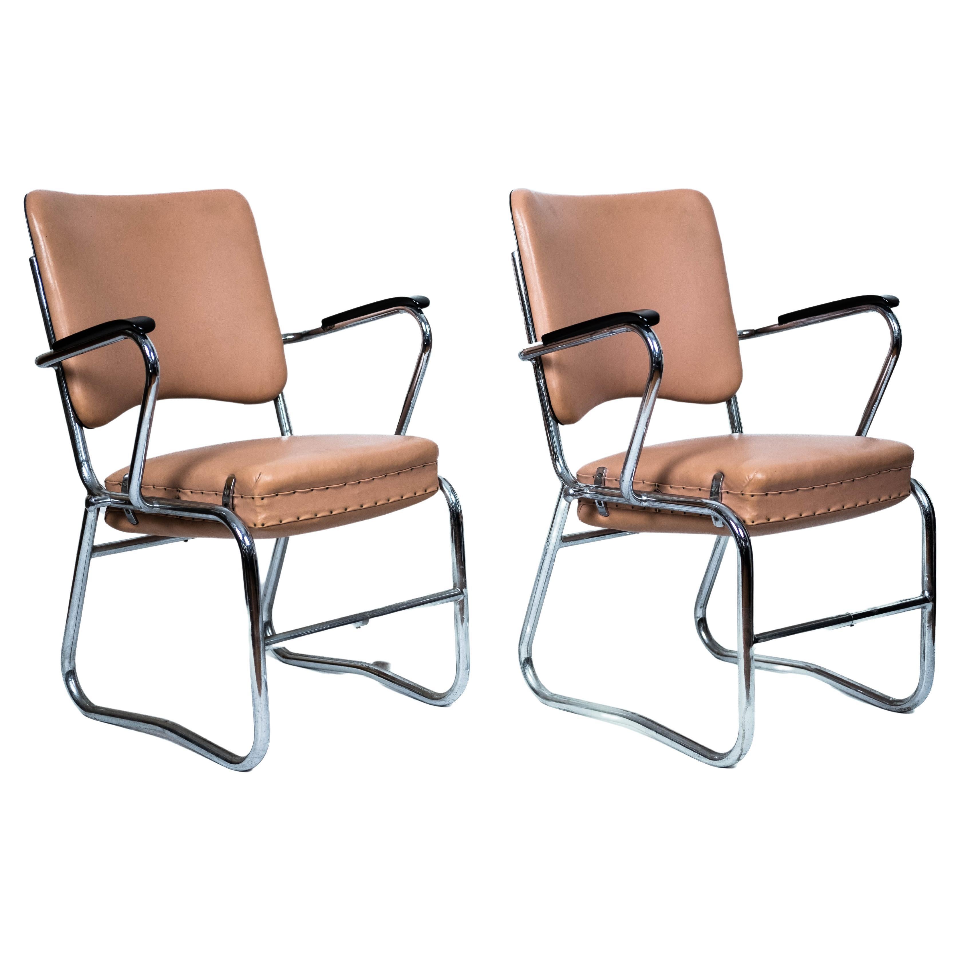 2 x Pink Midcentury Steelpipe-Armchair with rotatable seat (Netherlands, 1945) For Sale