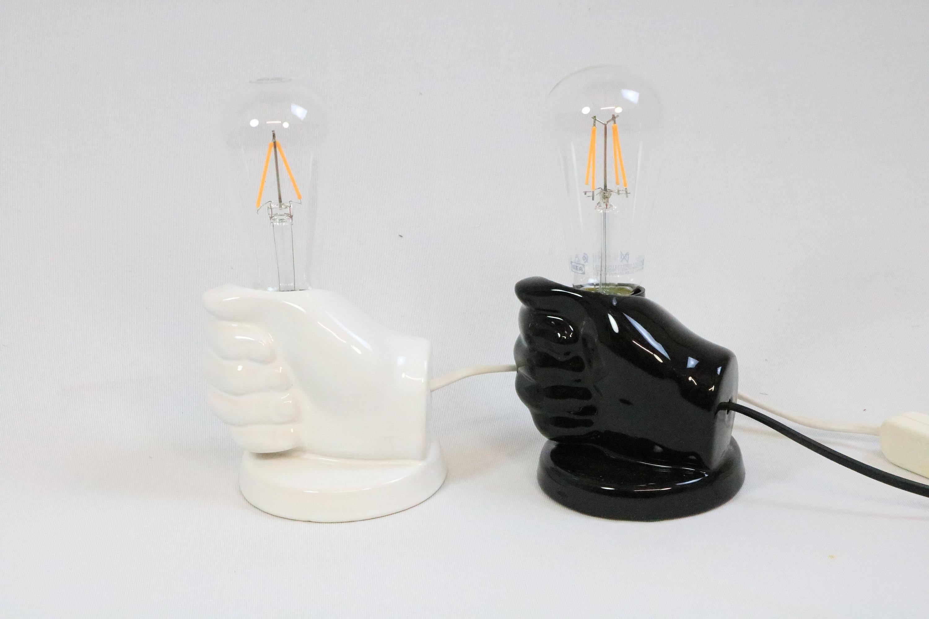 Mid-Century Modern 2 x Small Pottery Table Lamp, Hand, Black / White, 1980s, by Aro Germany For Sale