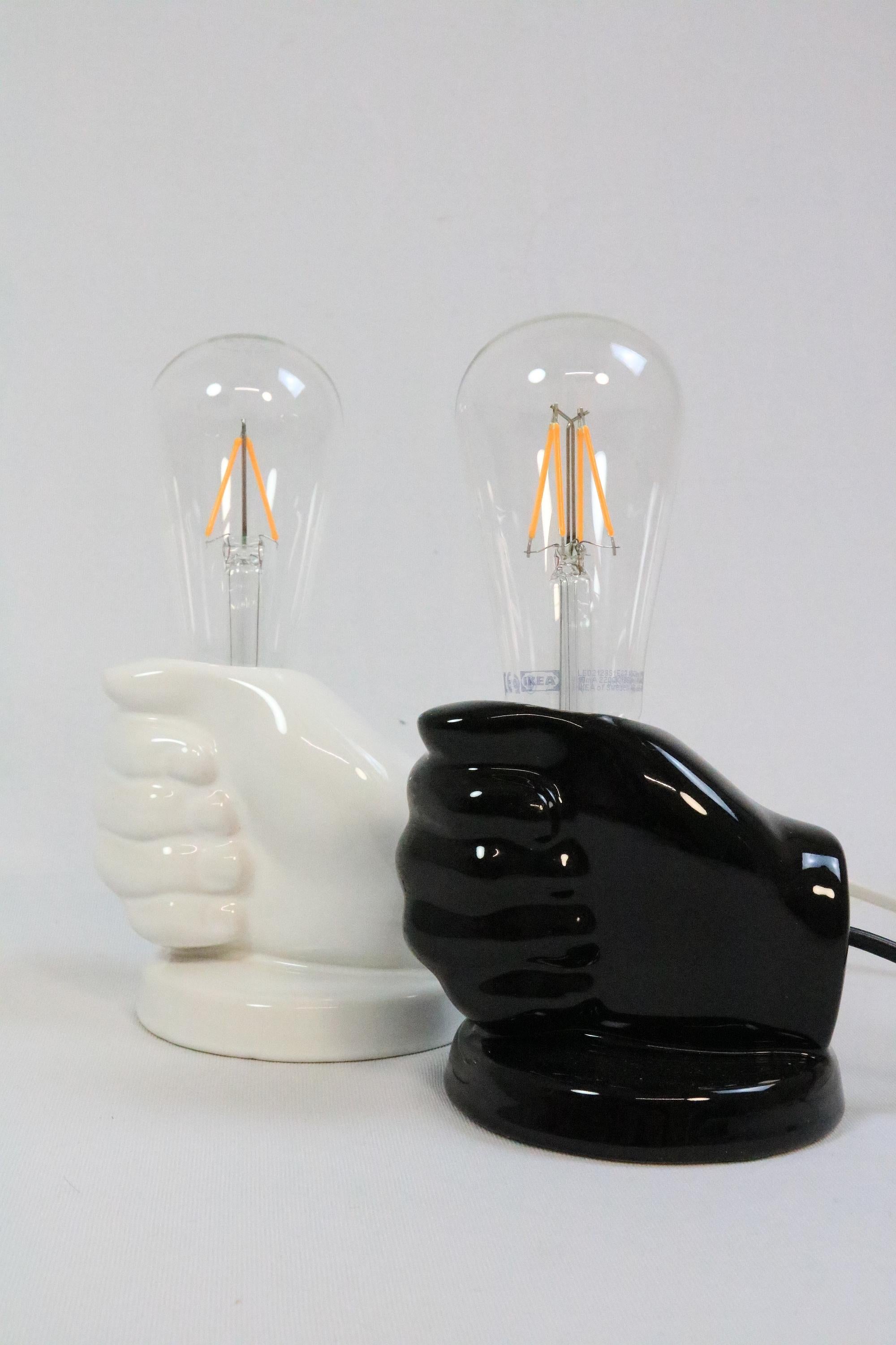 2 x Small Pottery Table Lamp, Hand, Black / White, 1980s, by Aro Germany In Good Condition For Sale In Berlin, BE