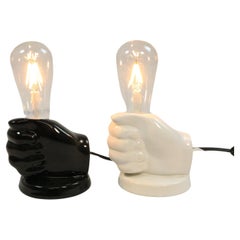 Vintage 2 x Small Pottery Table Lamp, Hand, Black / White, 1980s, by Aro Germany