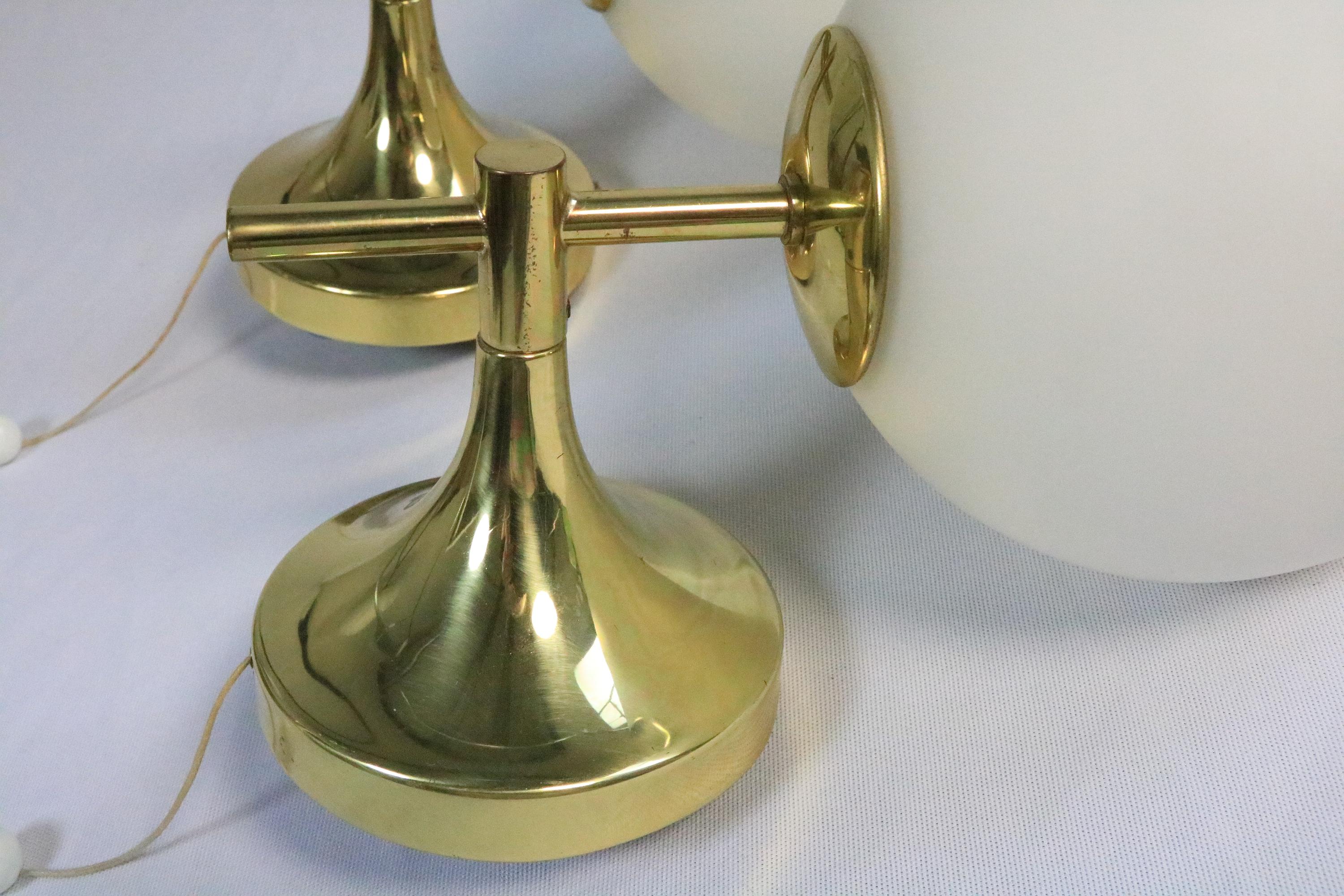 Mid-Century Modern 2 x Wall Lamp, Wall Sconce, Glass Balls, by TEMDE, Brass, 1970s For Sale
