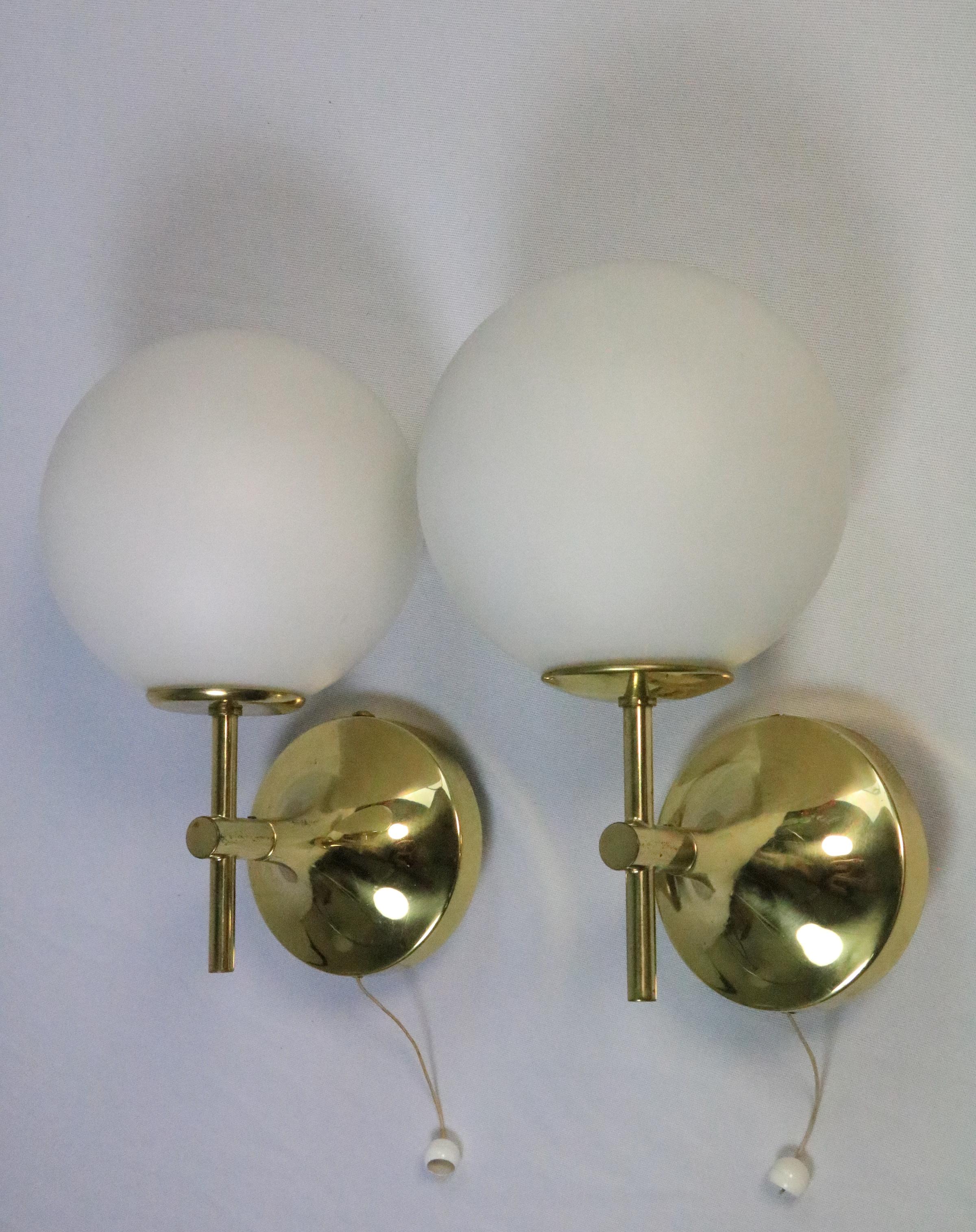 Swiss 2 x Wall Lamp, Wall Sconce, Glass Balls, by TEMDE, Brass, 1970s For Sale