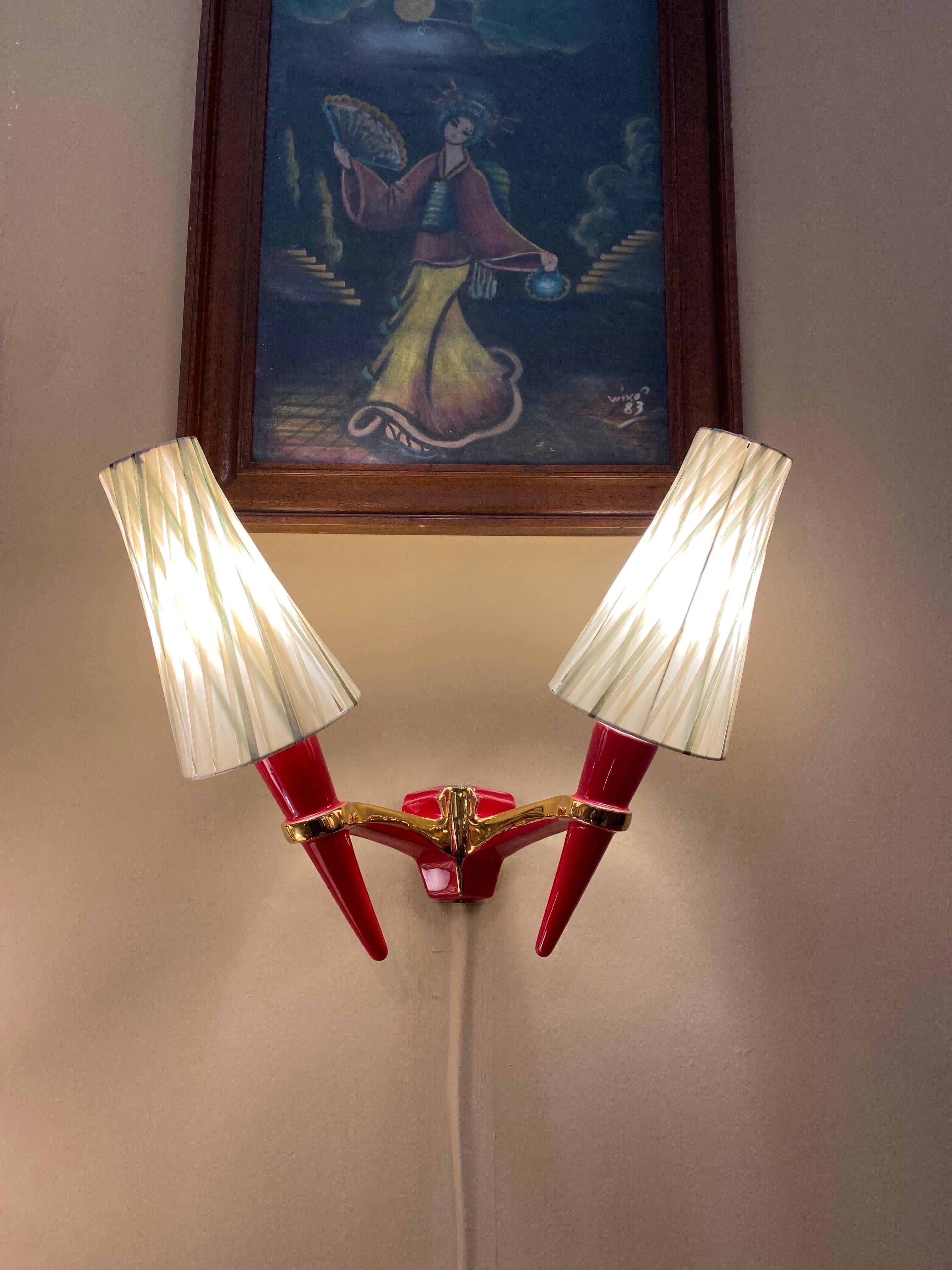 2 x Apliques Candelabro de Cerámica Rojo Dorado Vintage Italian Lamp en venta 2