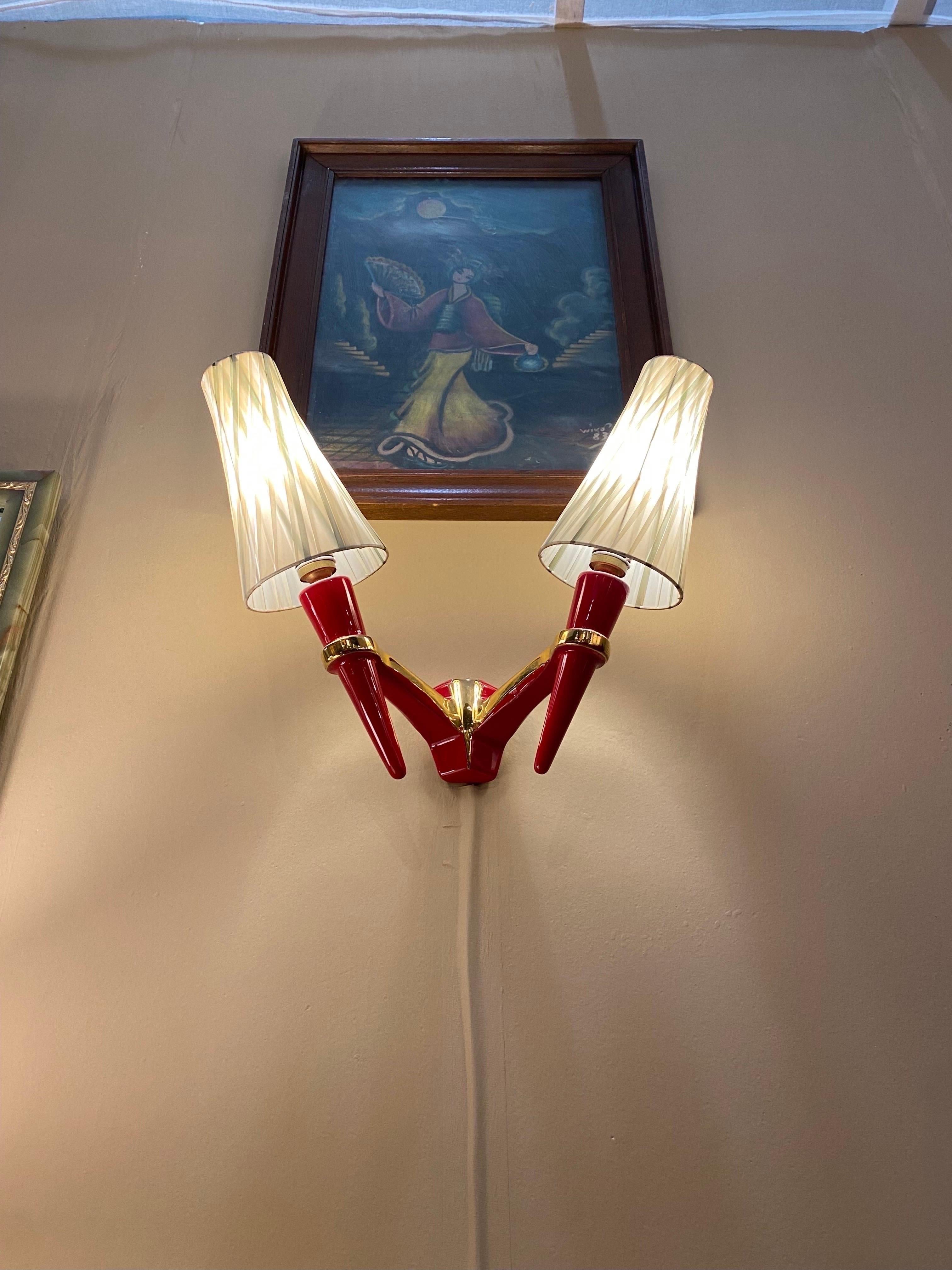2 x Apliques Candelabro de Cerámica Rojo Dorado Vintage Italian Lamp en venta 3