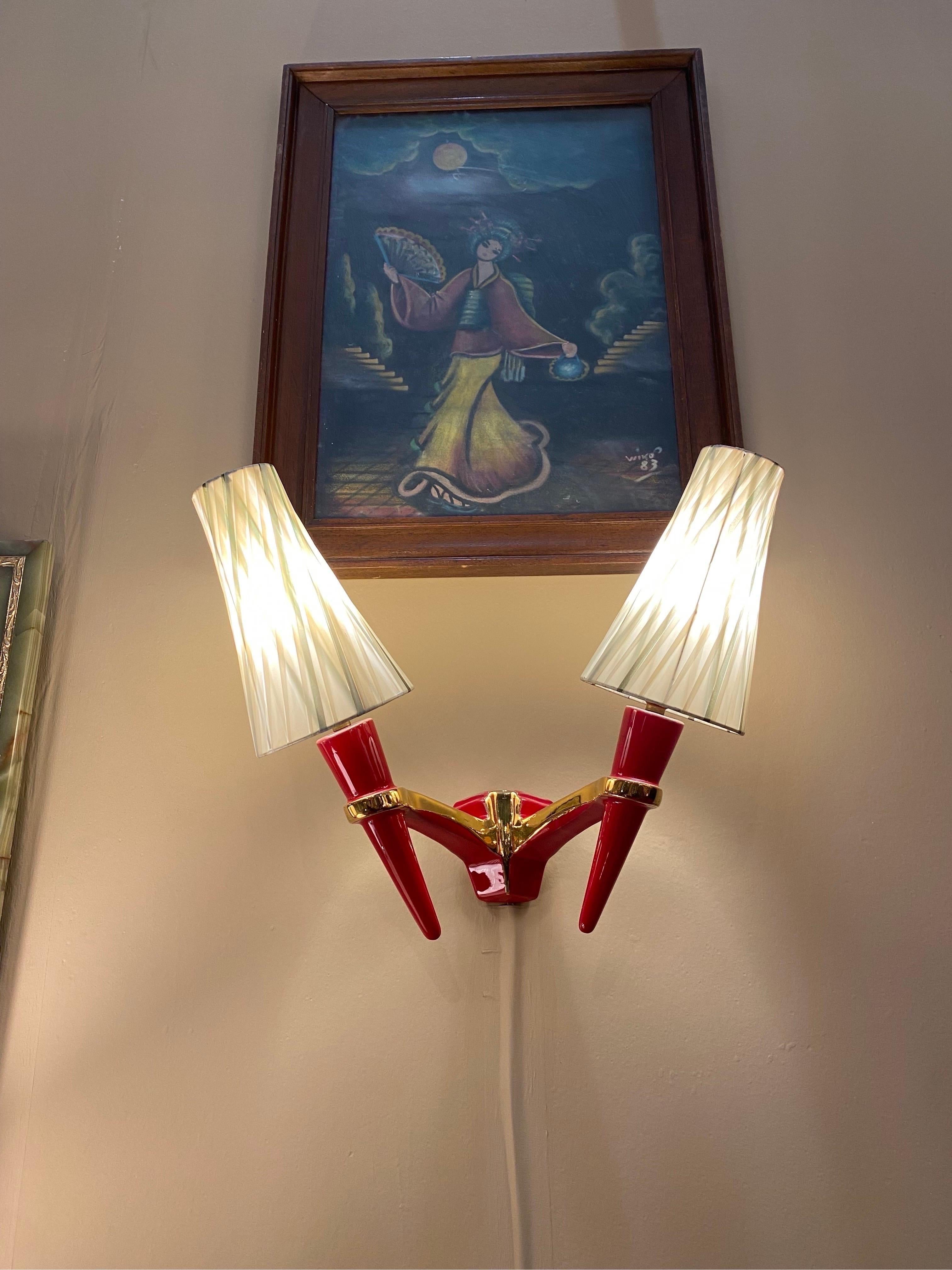 2 x Apliques Candelabro de Cerámica Rojo Dorado Vintage Italian Lamp en venta 4