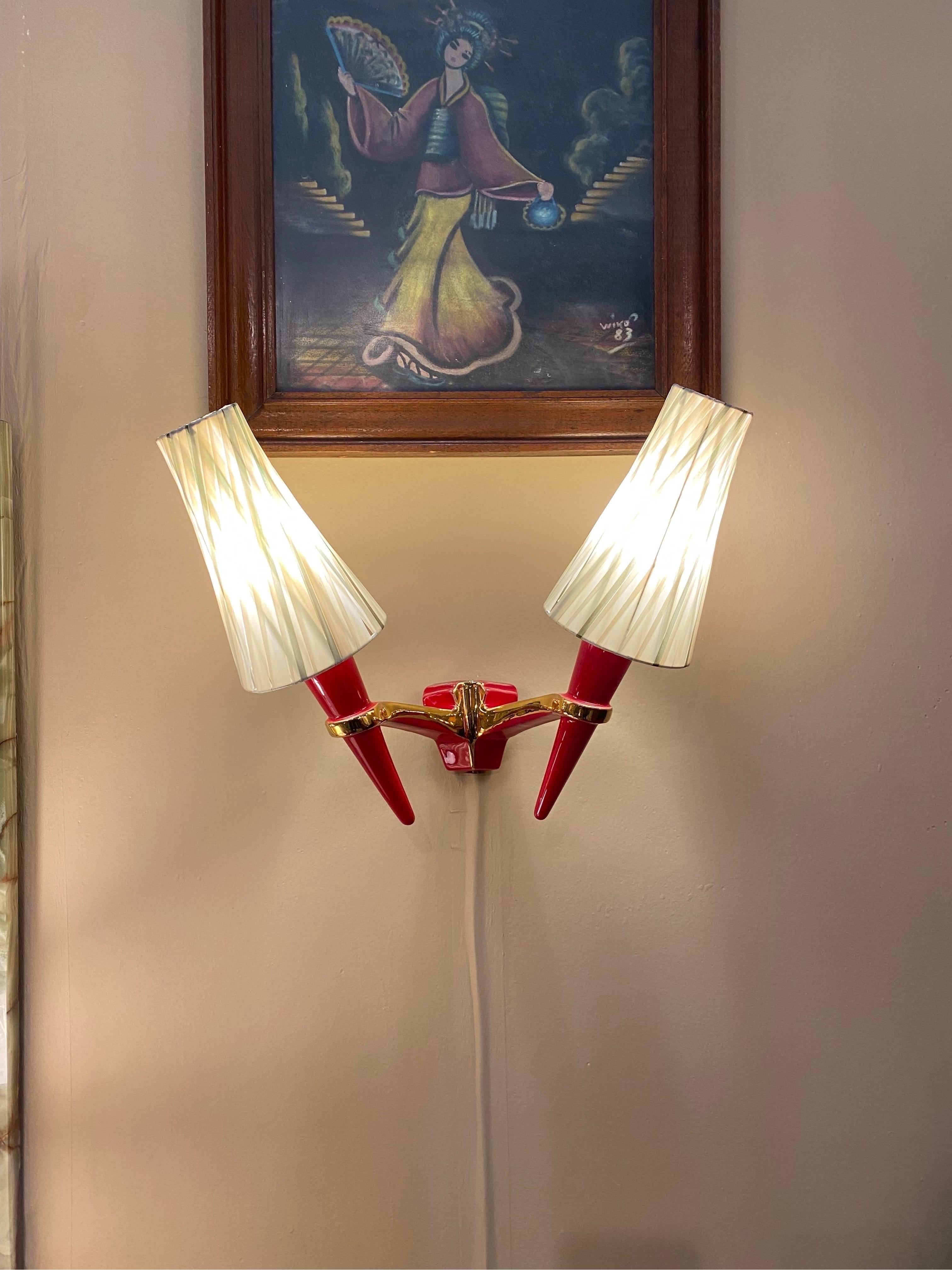2 x Apliques Candelabro de Cerámica Rojo Dorado Vintage Italian Lamp en venta 5
