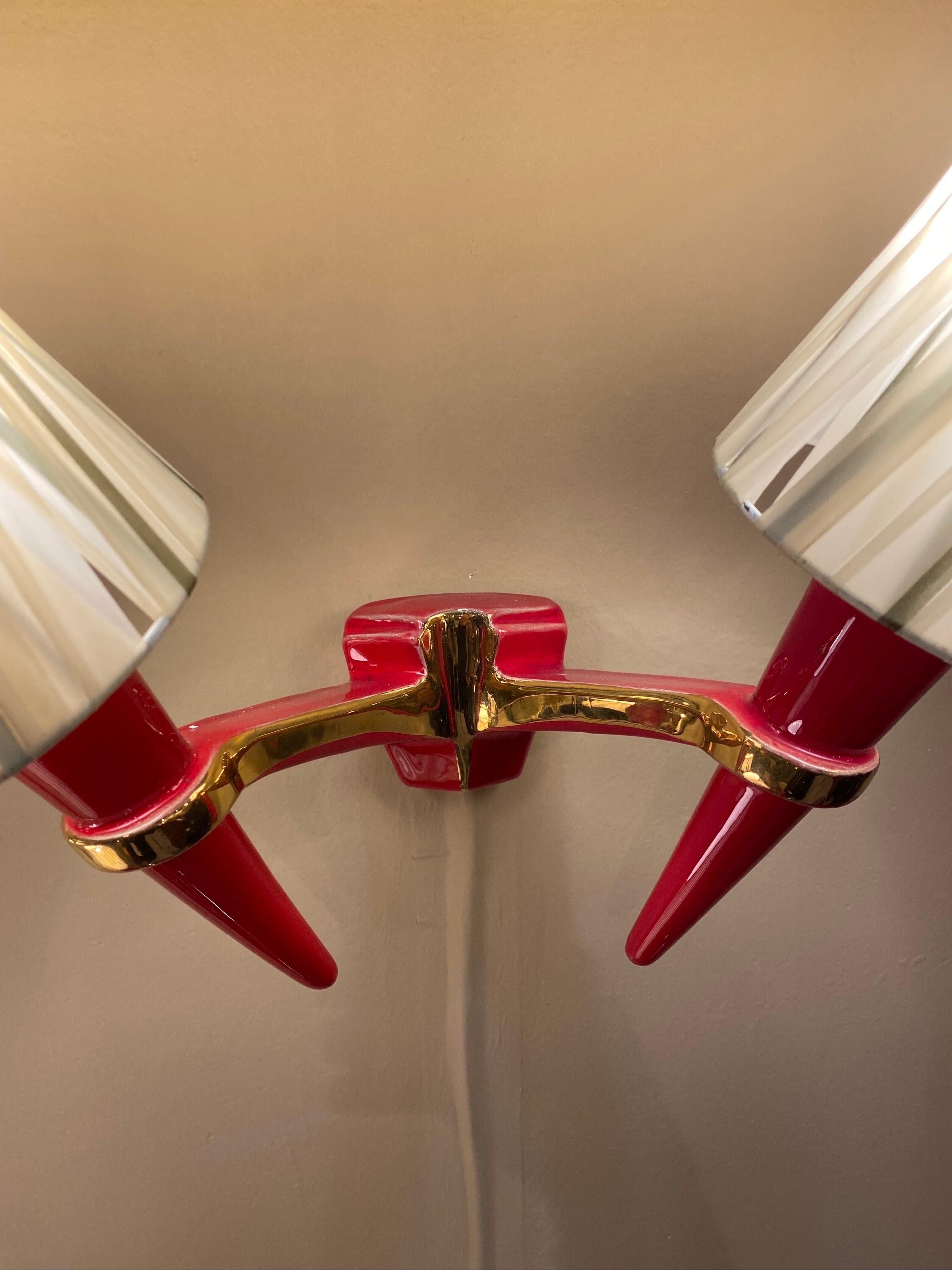2 x Apliques Candelabro de Cerámica Rojo Dorado Vintage Italian Lamp en venta 7