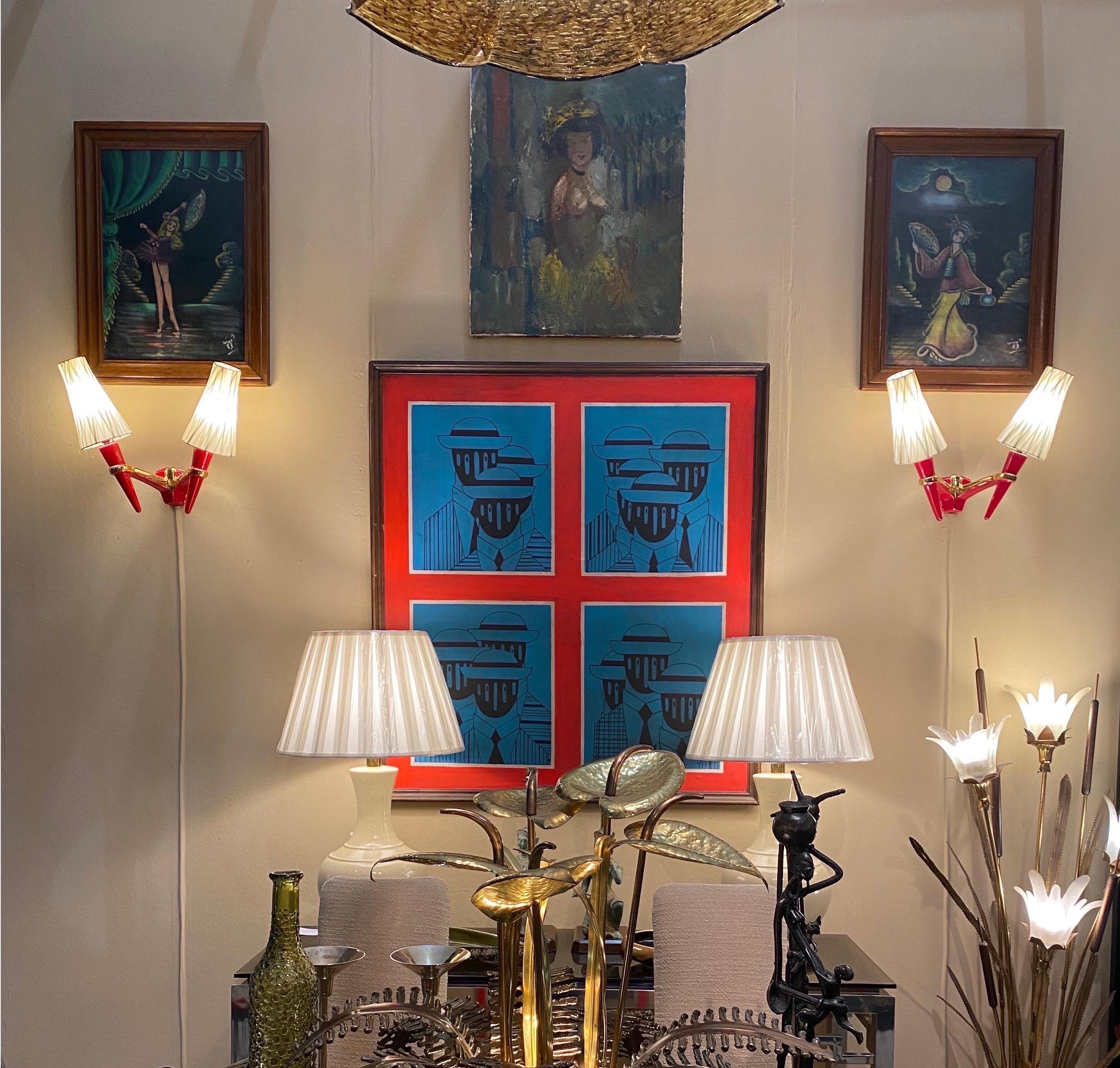 2 x Apliques Candelabro de Cerámica Rojo Dorado Vintage Italian Lamp en venta 9