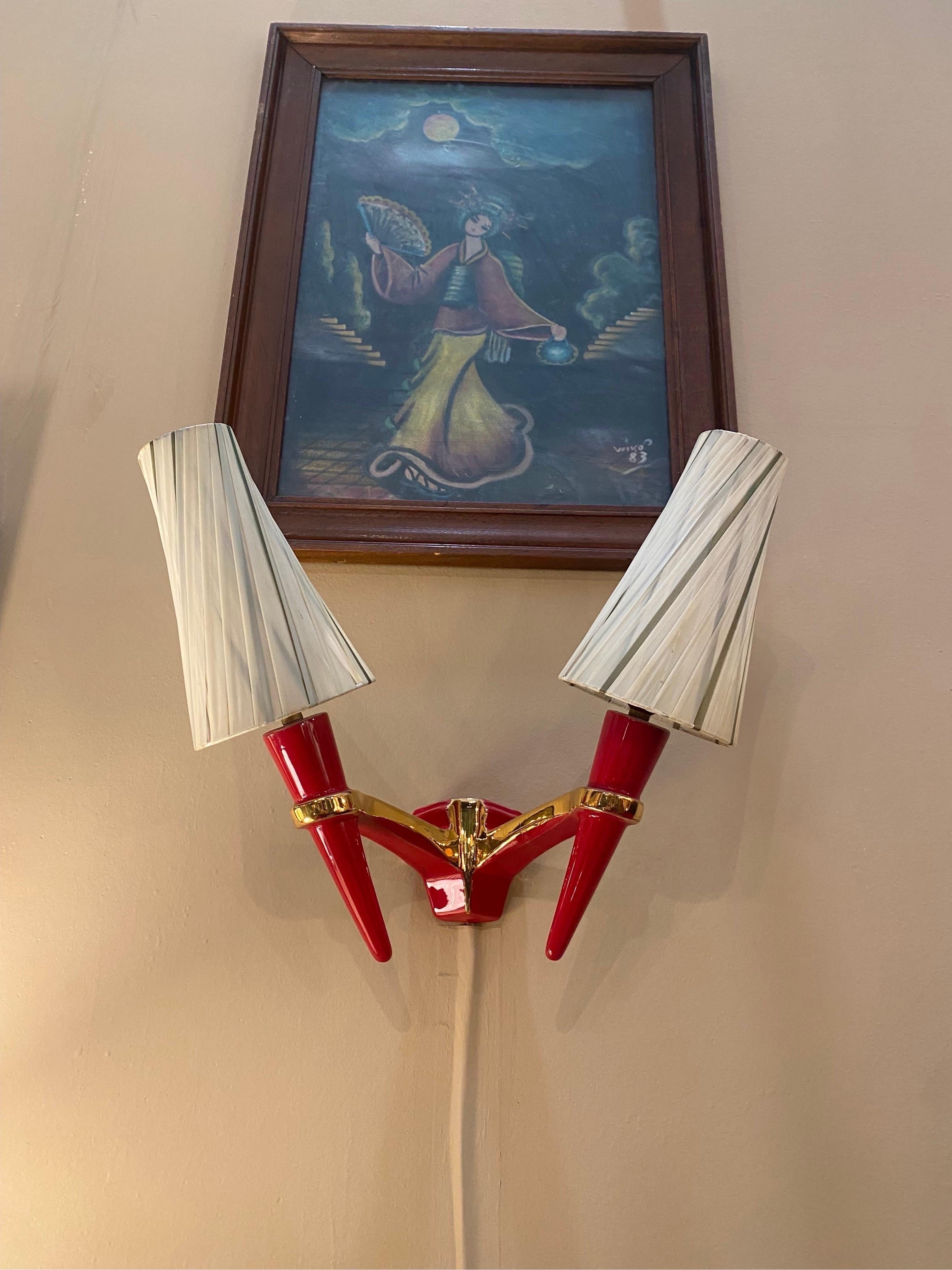 2 x Apliques Candelabro de Cerámica Rojo Dorado Vintage Italian Lamp Italiano en venta