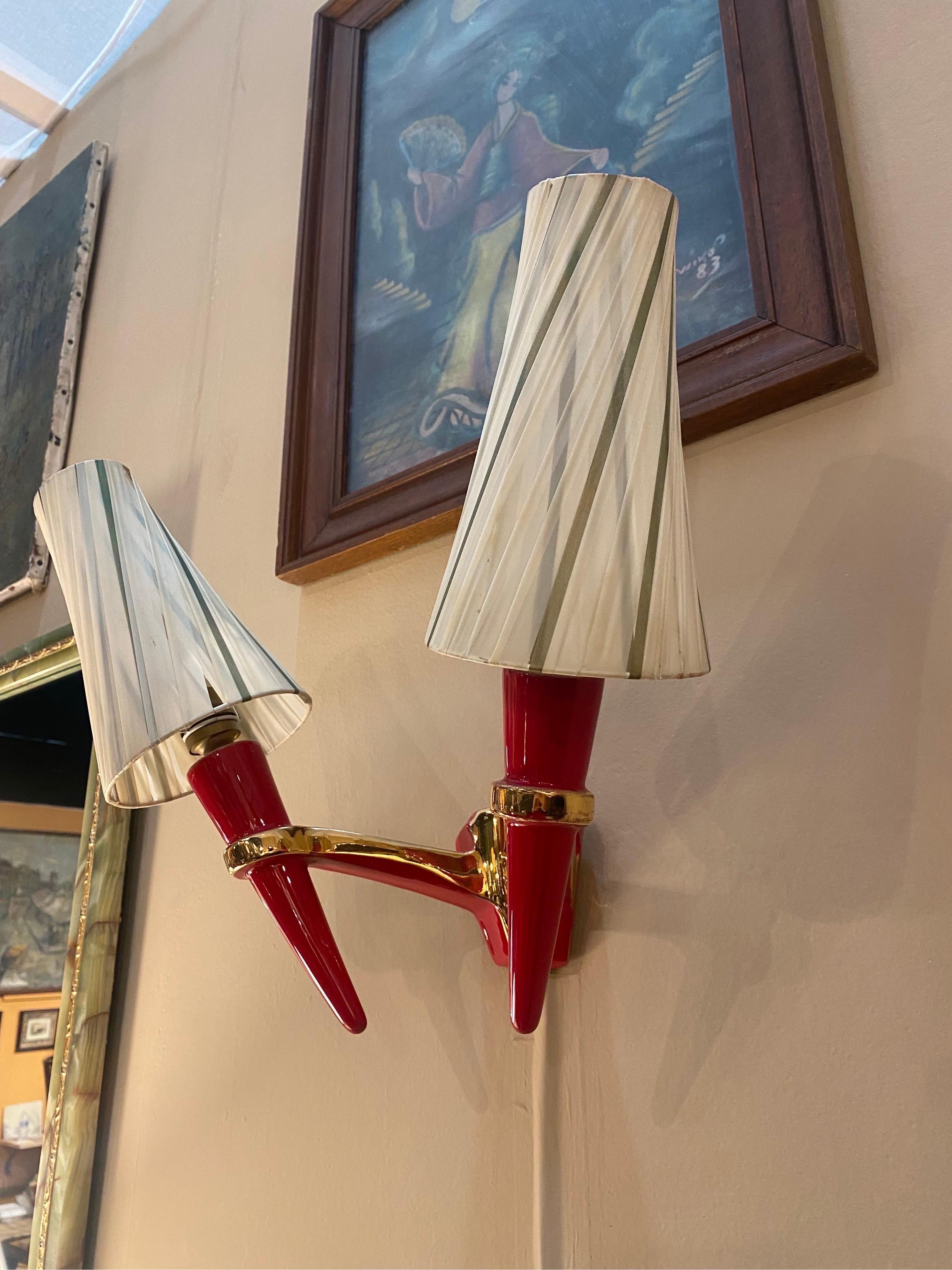 2 x Apliques Candelabro de Cerámica Rojo Dorado Vintage Italian Lamp Hecho a mano en venta