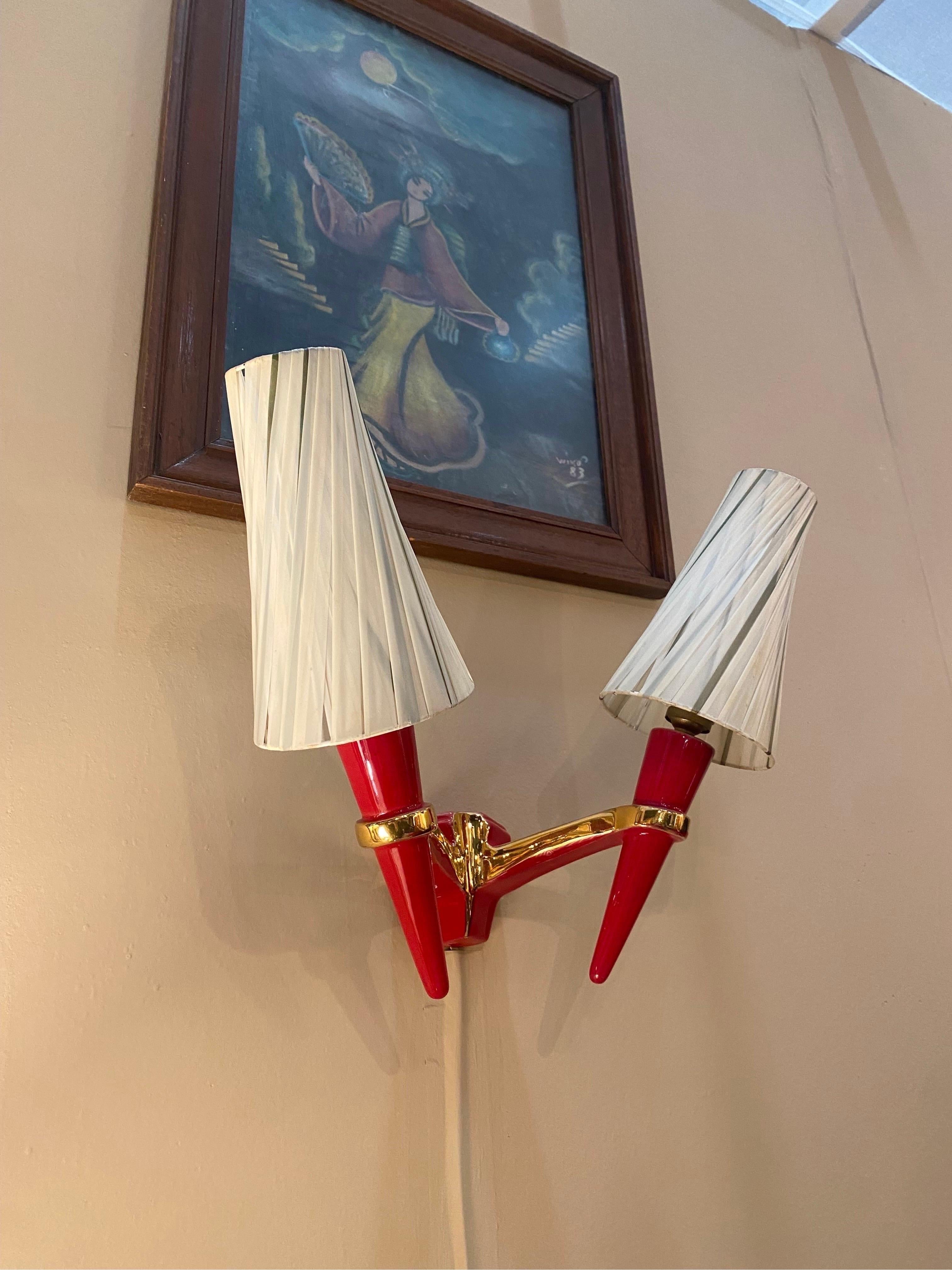 2 x Apliques Candelabro de Cerámica Rojo Dorado Vintage Italian Lamp en Bueno estado para la venta en London, GB