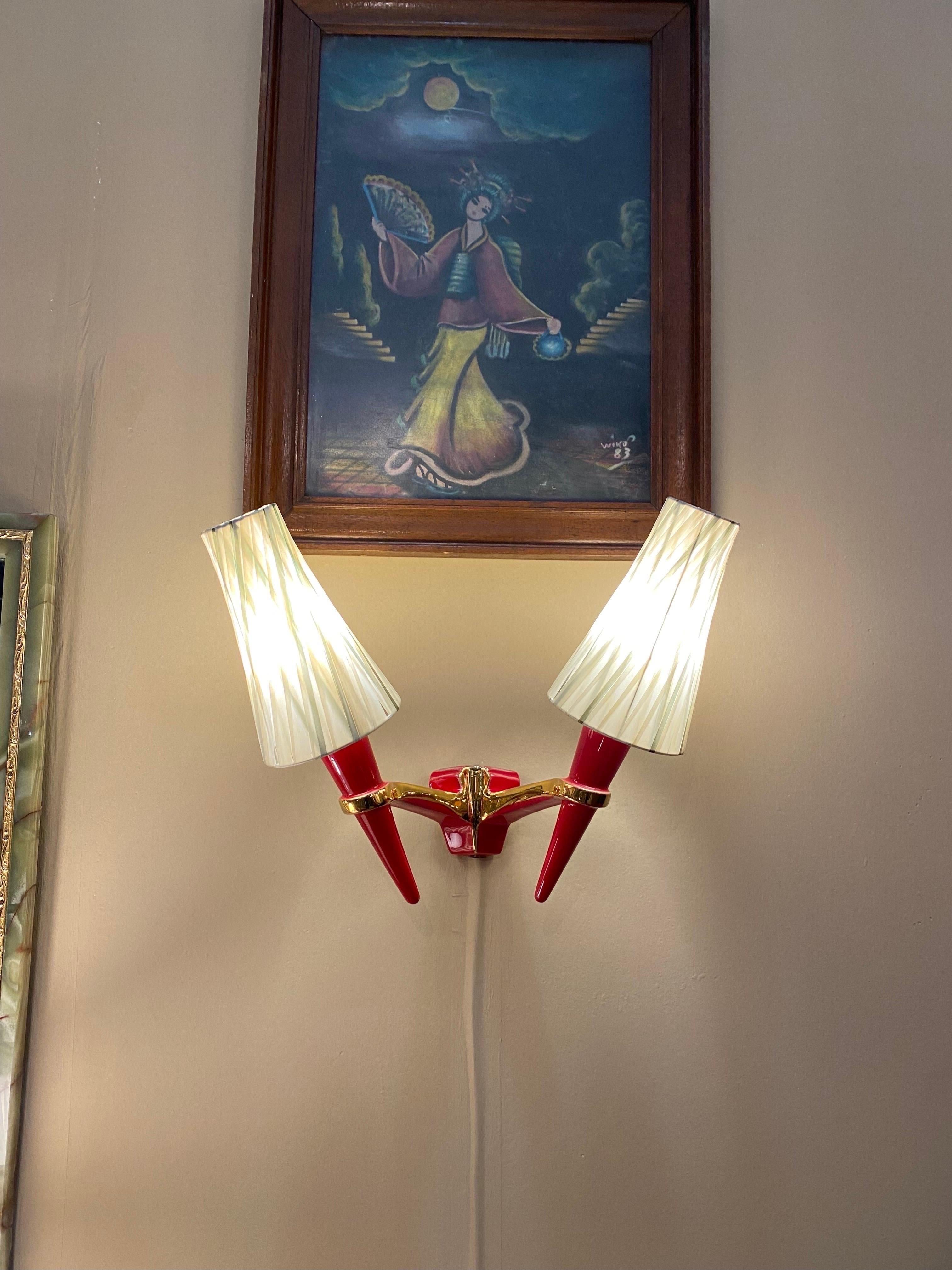 2 x Apliques Candelabro de Cerámica Rojo Dorado Vintage Italian Lamp en venta 1