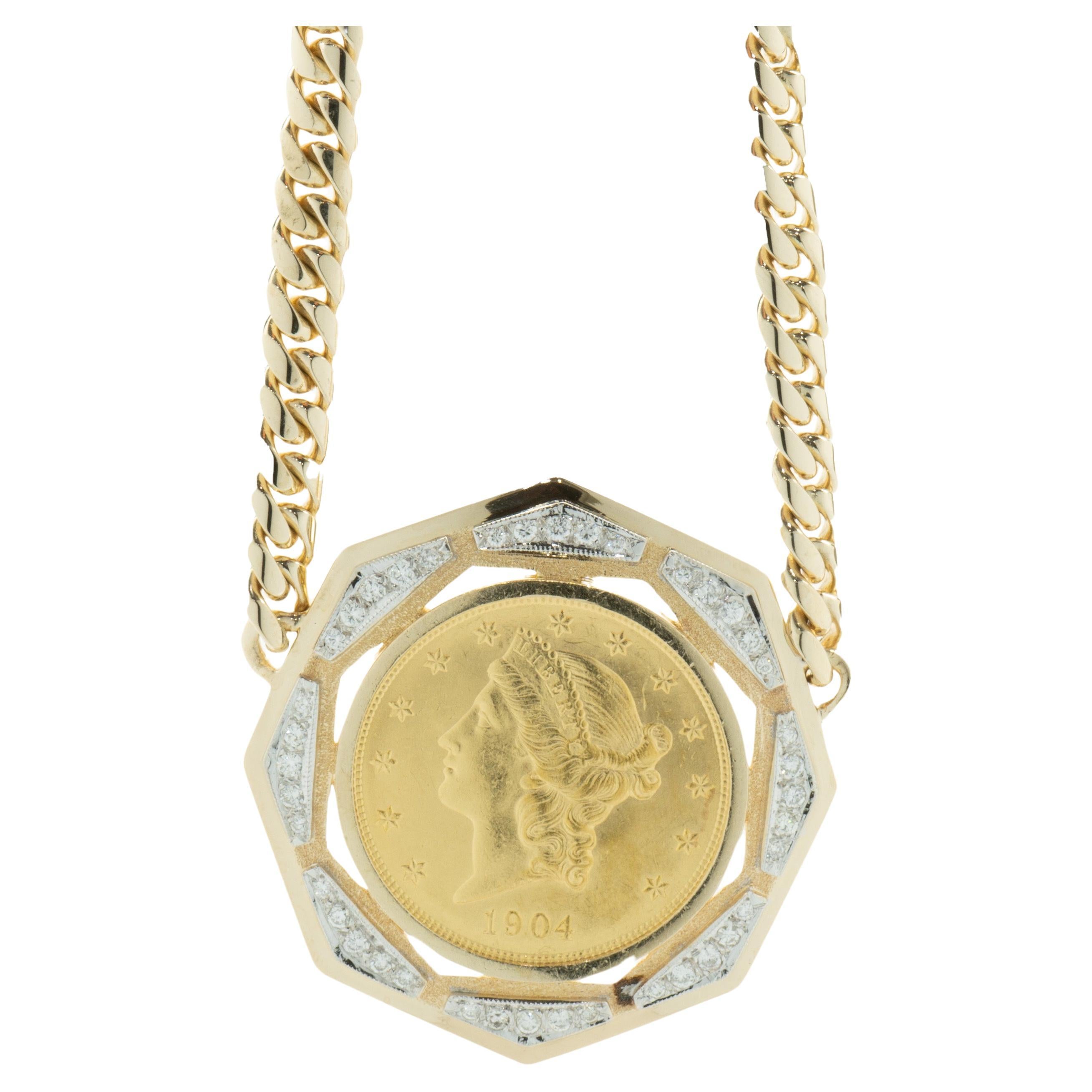 $20 1904 Liberty Coin in 14 Karat Yellow Gold Diamond Bezel Necklace For Sale