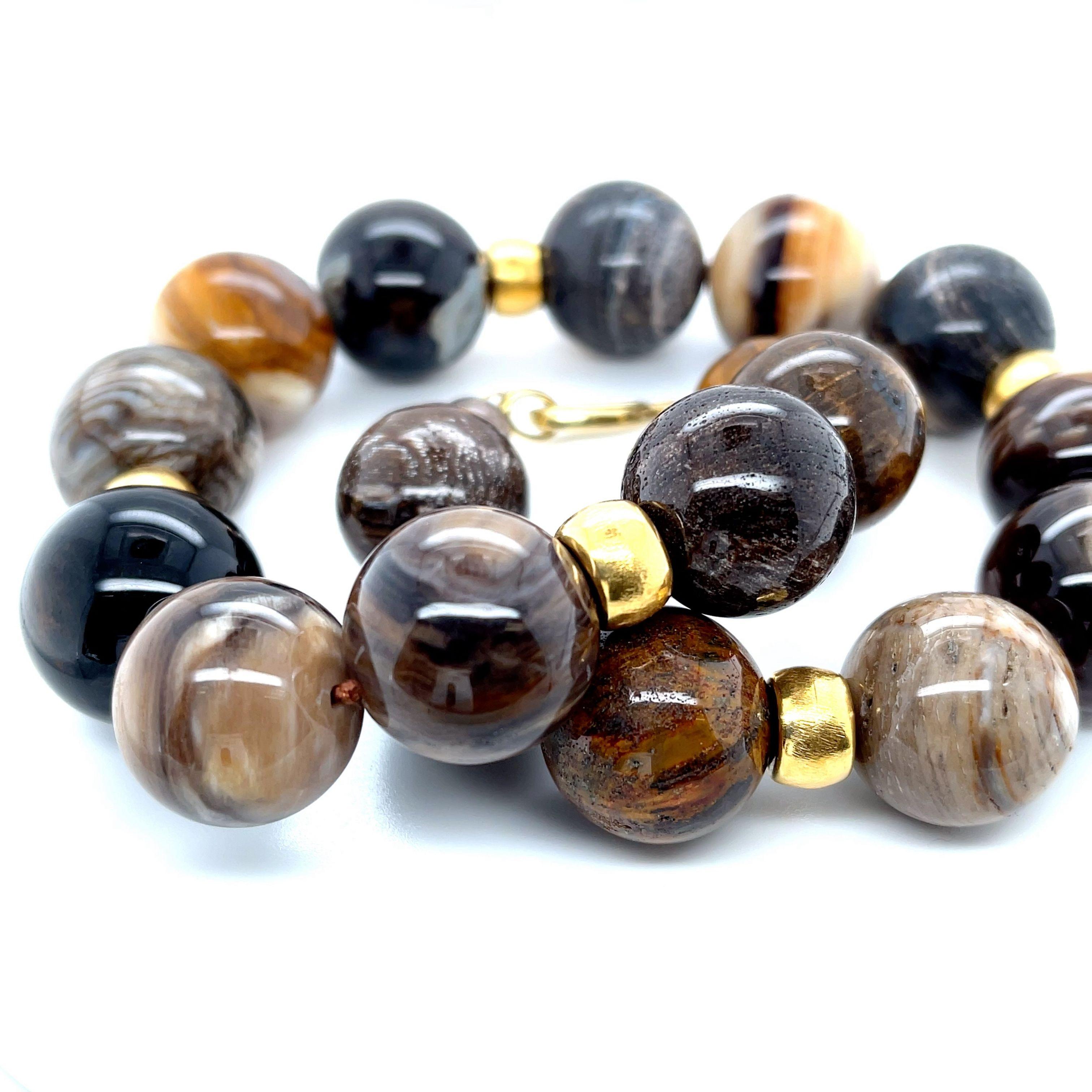 Artisan 20-22mm Wood Opalite Beaded Necklace with 18k Yellow Gold Rondels, 18 Inches For Sale