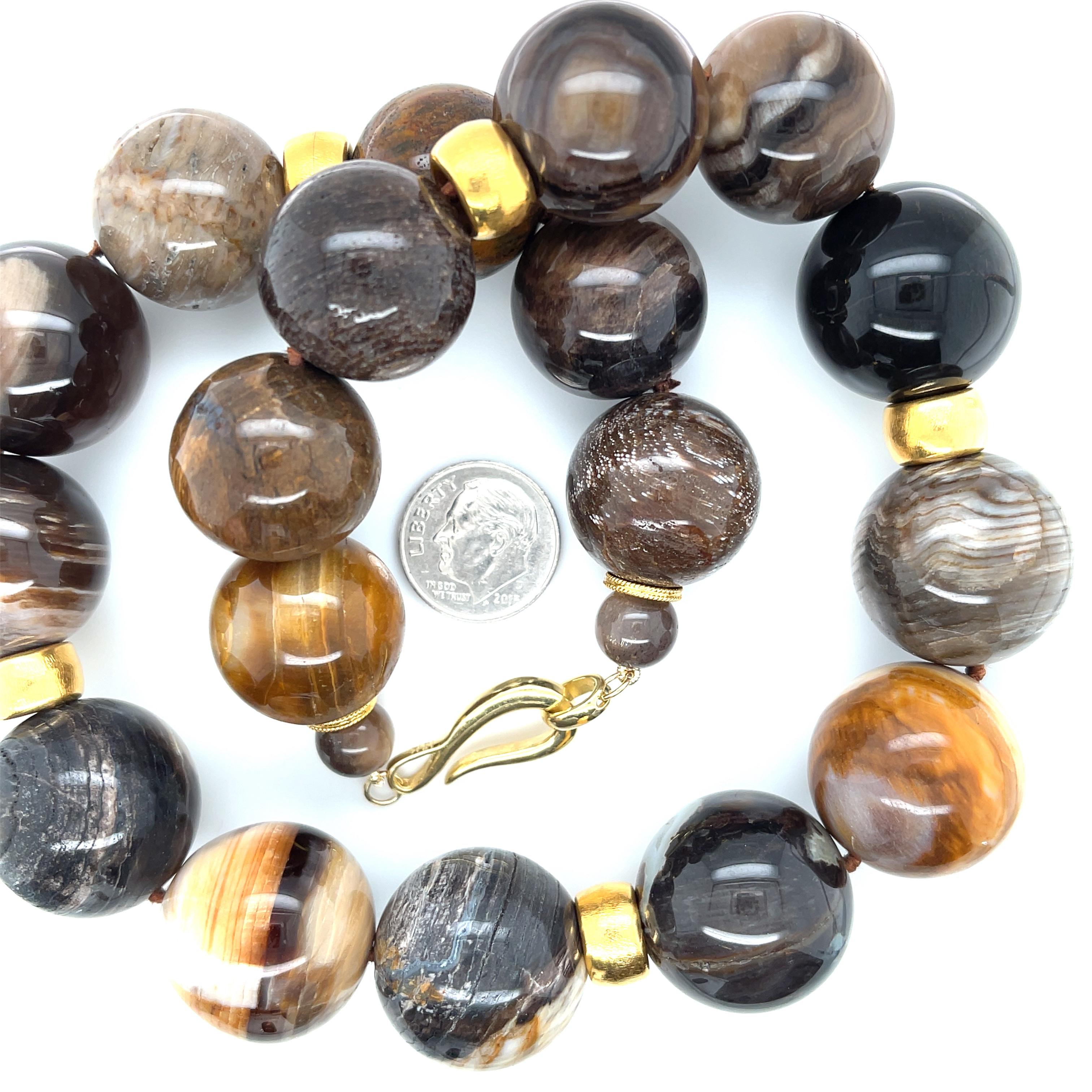 Women's or Men's 20-22mm Wood Opalite Beaded Necklace with 18k Yellow Gold Rondels, 18 Inches For Sale