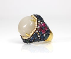 20 Carat Agate Cocktail Ring With Diamonds, Rubies and Sapphires 18k Yellow Gold