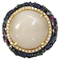 20 Carat Agate Cocktail Ring With Diamonds, Rubies and Sapphires 18k Yellow Gold