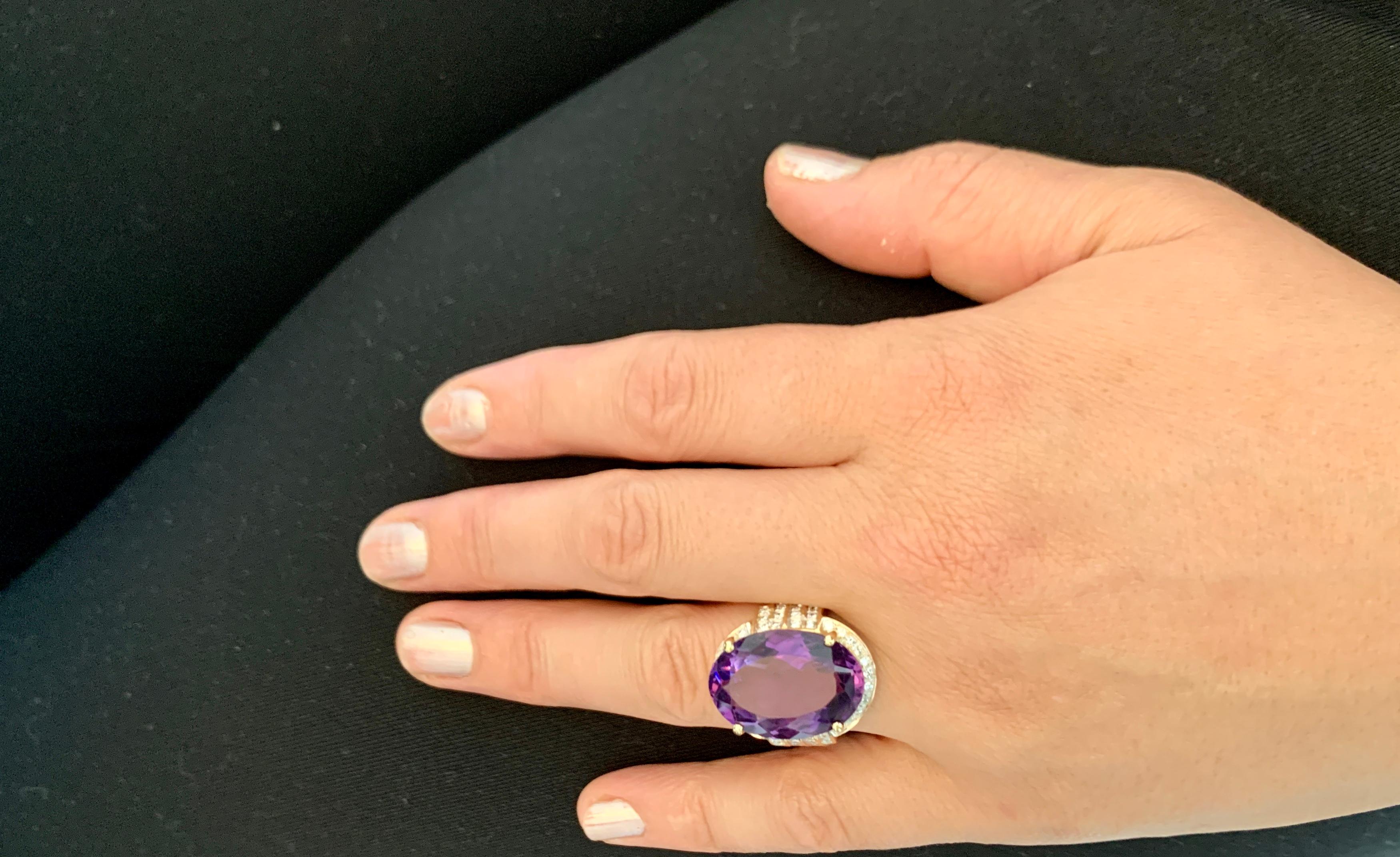 20 Carat Amethyst and 1 Carat Diamond Cocktail Ring in 14 Karat Yellow Gold