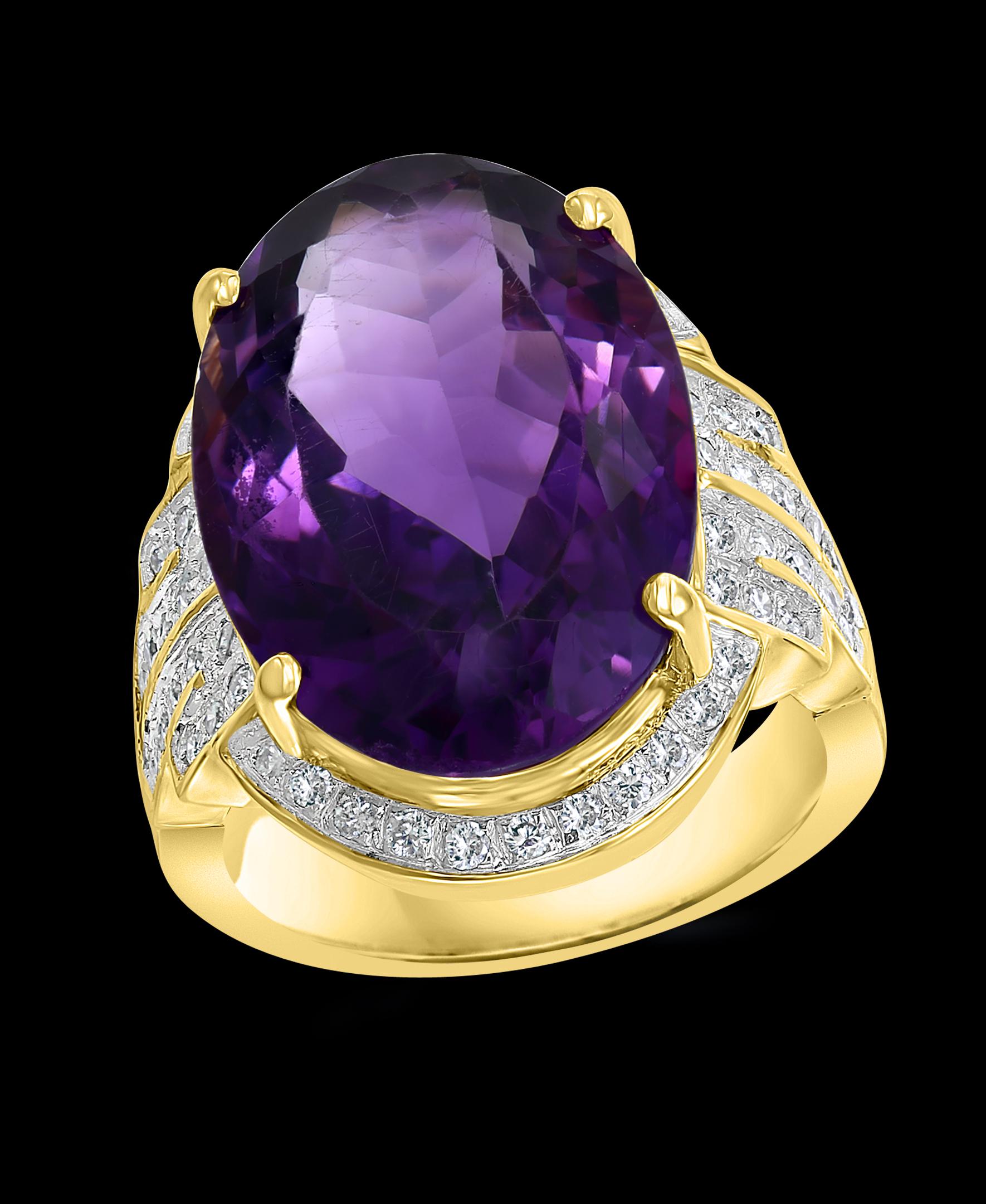 Approximately 20 Carat Amethyst and 1 Ct Diamond Cocktail /Engagement Ring in 14 karat Yellow gold

This is a Beautiful Cocktail ring ring which has a large approximately 20 carat of high quality Amethyst . Color and clarity is extremely nice. Large