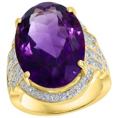 20 Carat Amethyst and 1 Carat Diamond Cocktail Ring in 14 Karat Yellow Gold