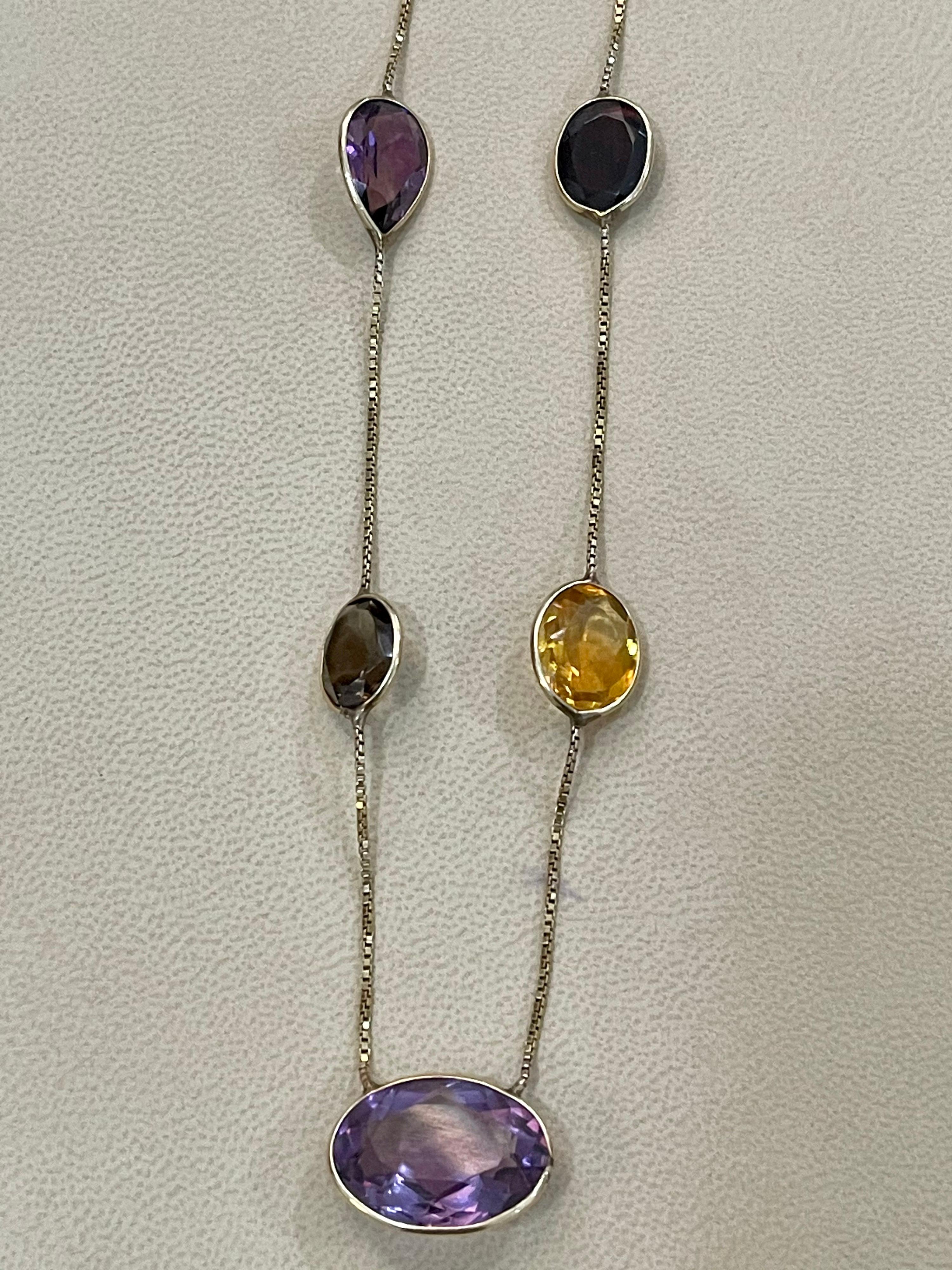 20 Carat Amethyst, Citrine and Smoky Quartz 5-Piece Chain Necklace 14 Karat Gold In Excellent Condition For Sale In New York, NY