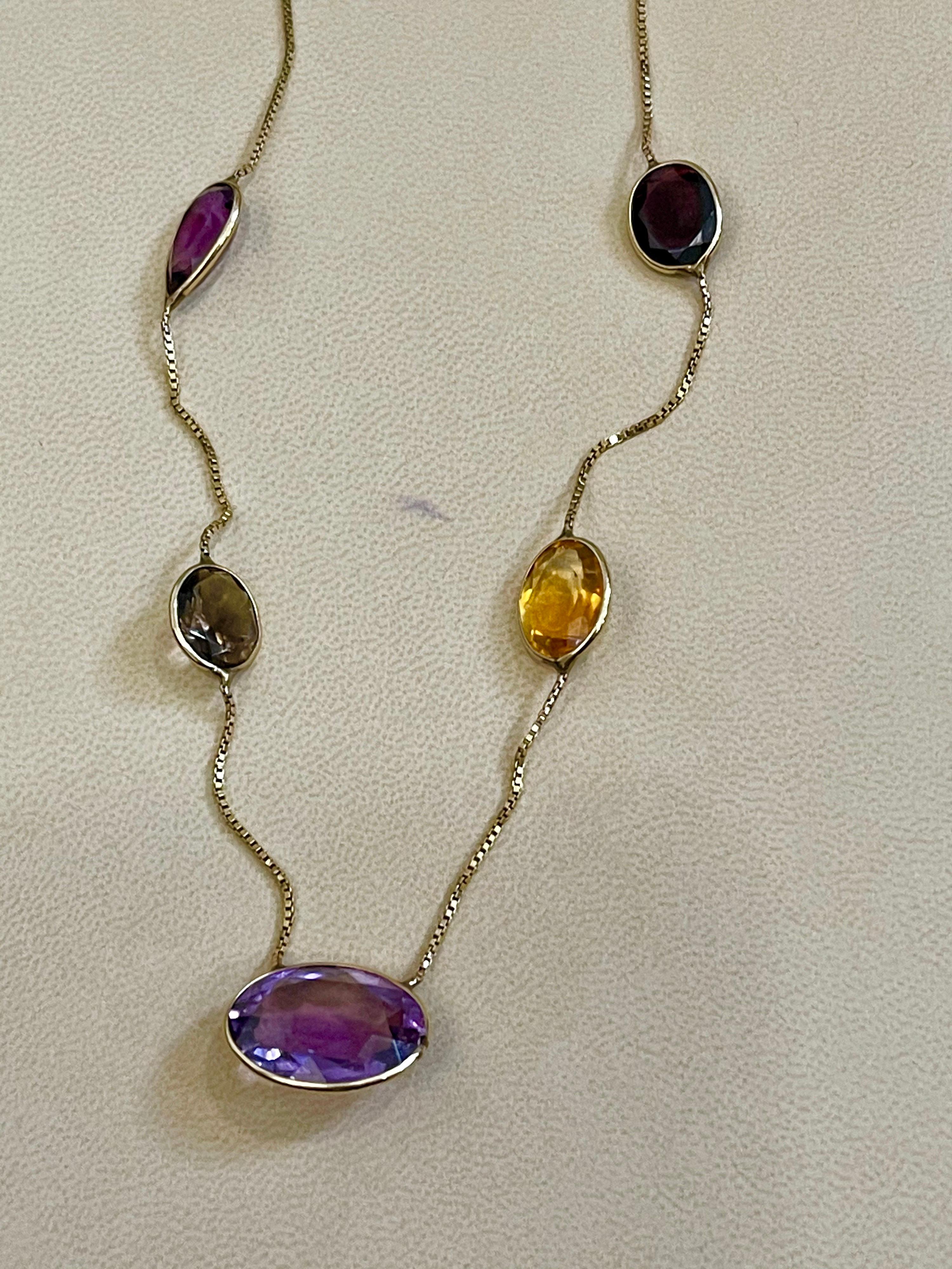 Women's 20 Carat Amethyst, Citrine and Smoky Quartz 5-Piece Chain Necklace 14 Karat Gold For Sale
