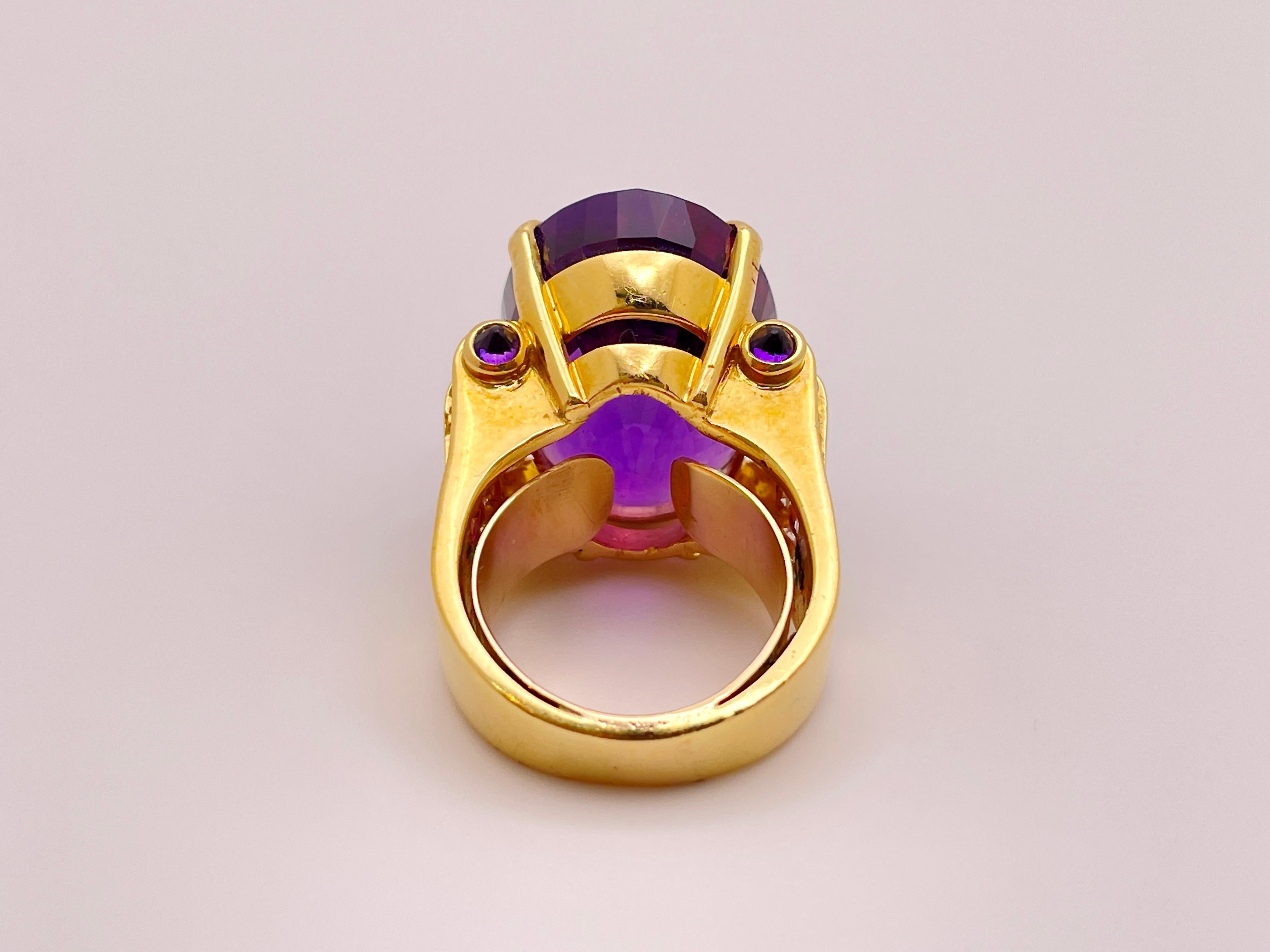 20 Carat Amethyst Diamond 18 Karat Yellow Gold Ring For Sale 5