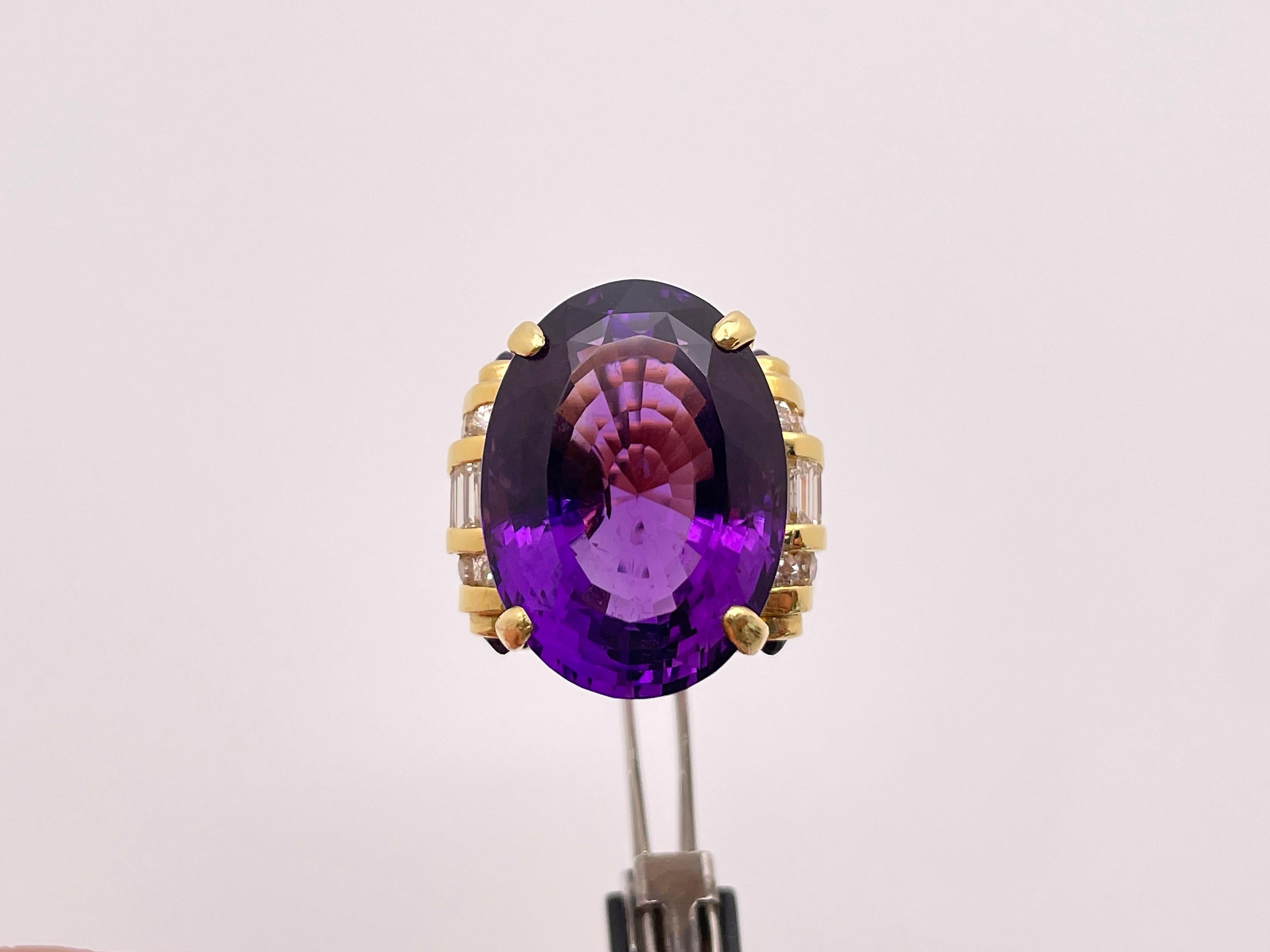 20 Carat Amethyst Diamond 18 Karat Yellow Gold Ring For Sale 7