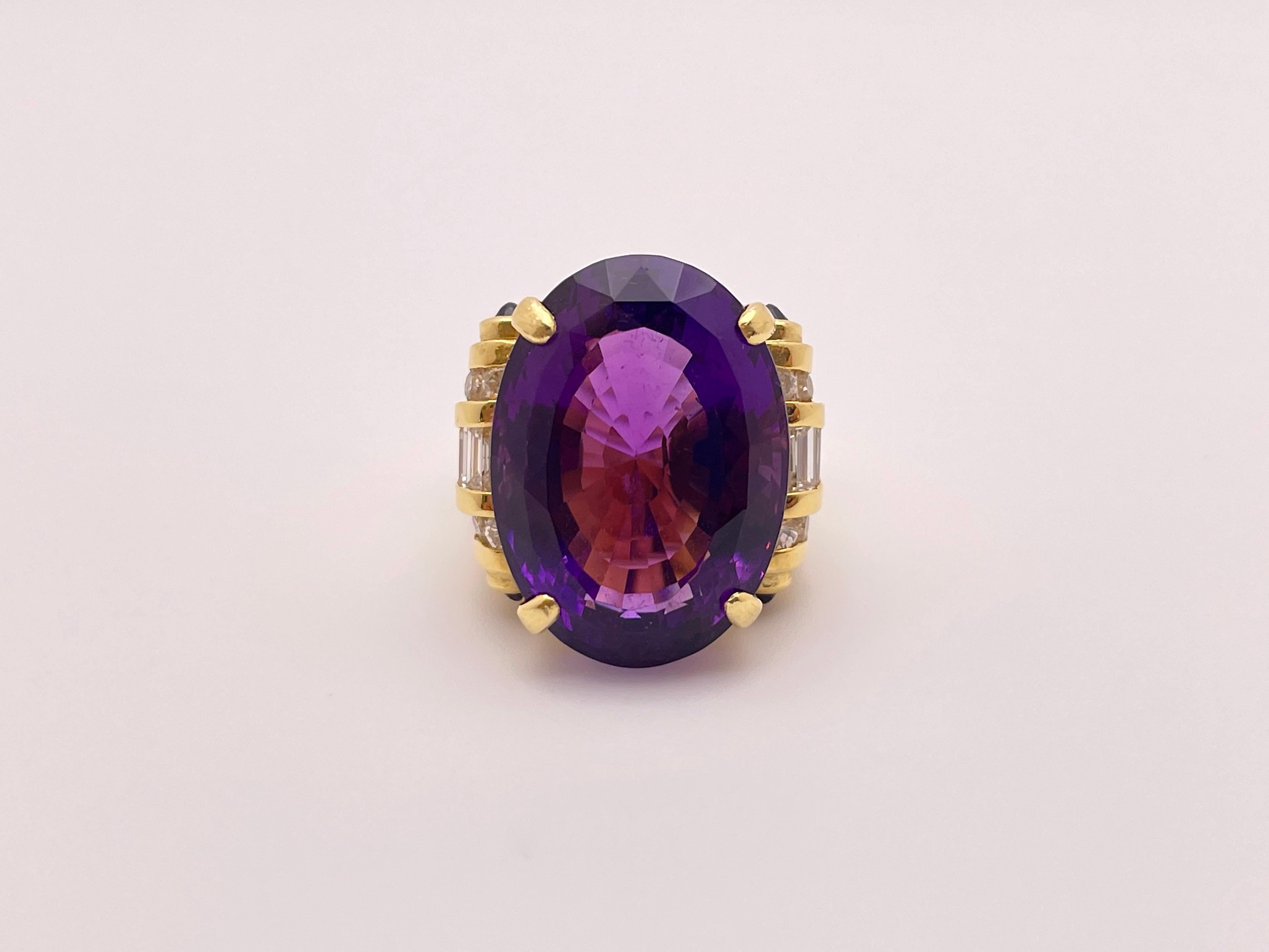 20 Carat Amethyst Diamond 18 Karat Yellow Gold Ring For Sale 1