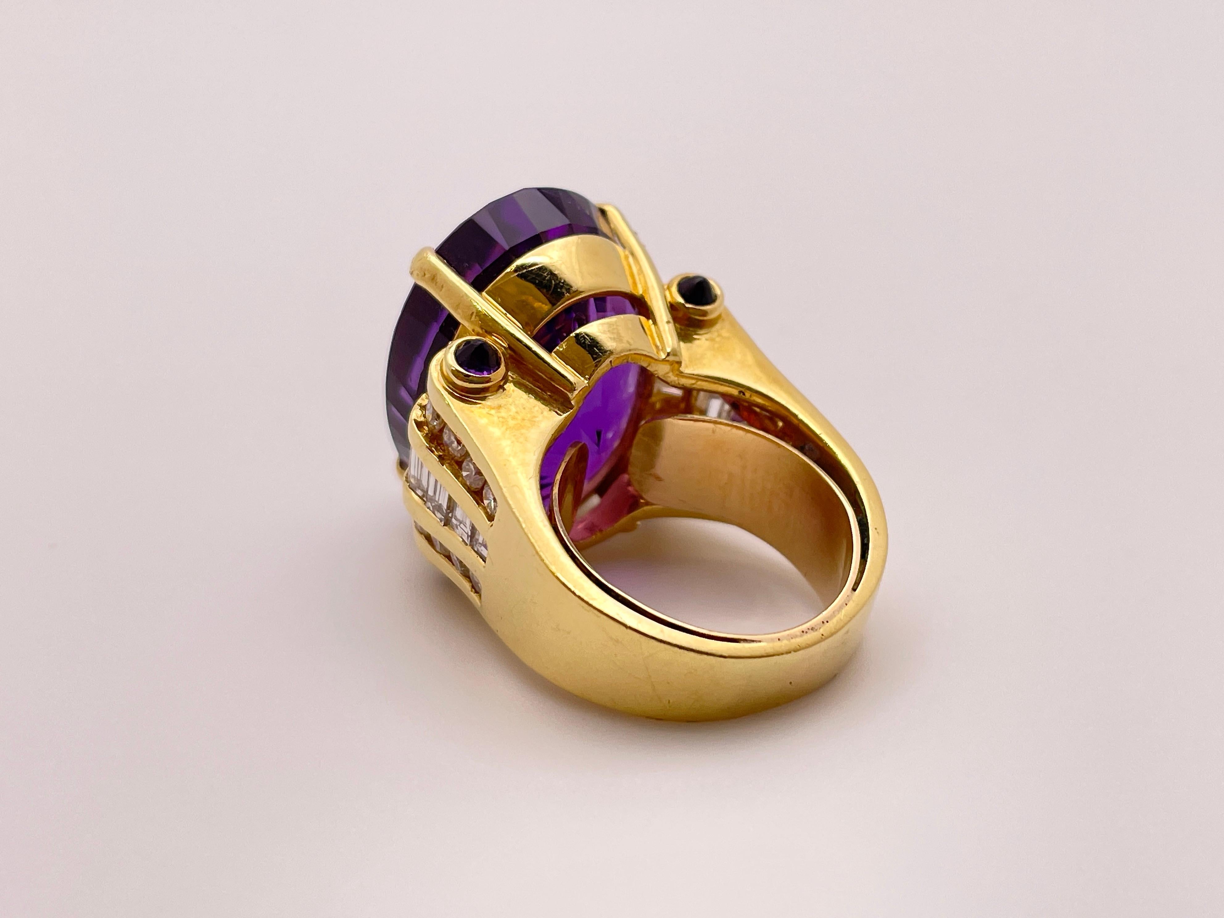 20 Carat Amethyst Diamond 18 Karat Yellow Gold Ring For Sale 2