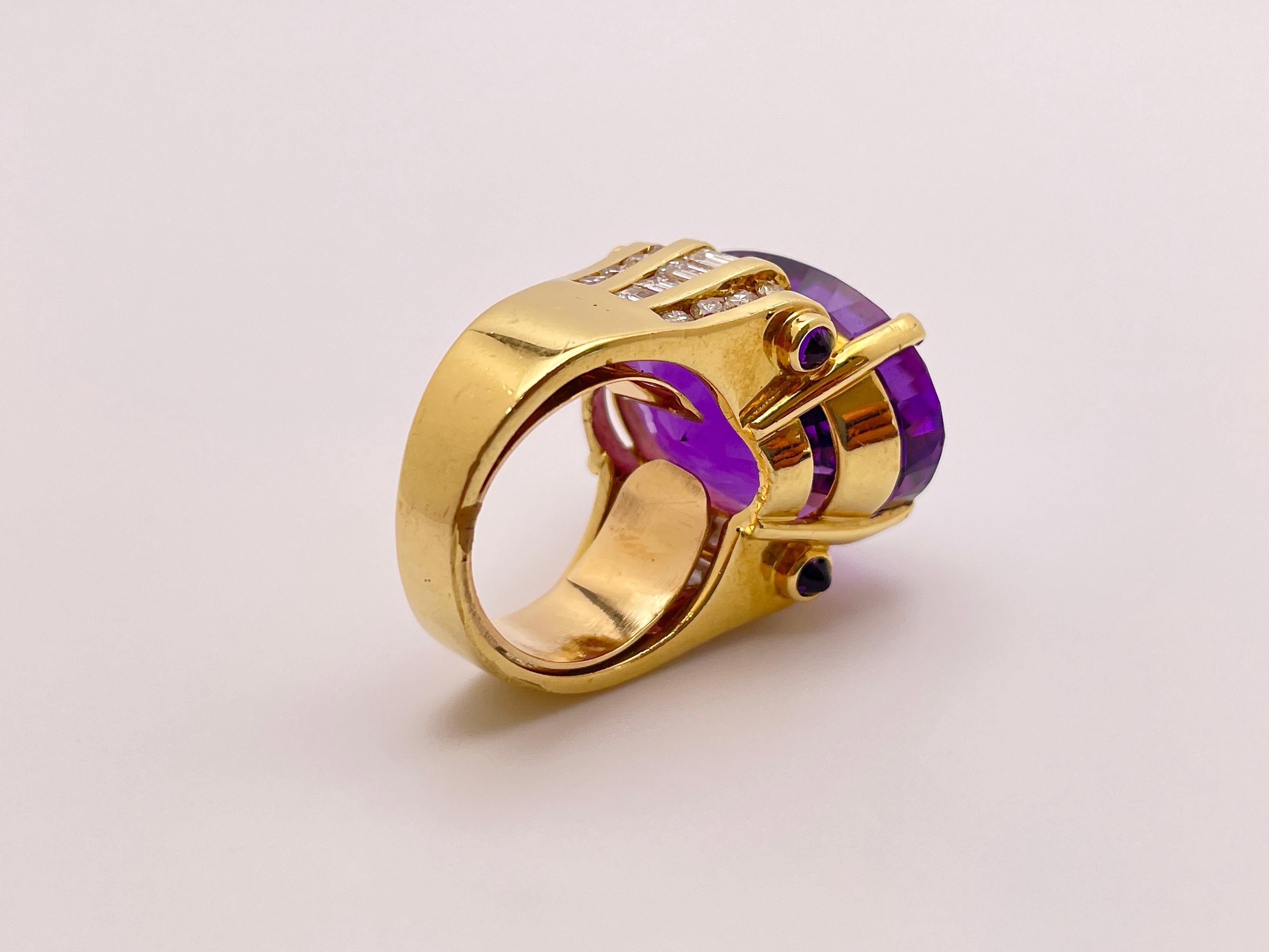 20 Carat Amethyst Diamond 18 Karat Yellow Gold Ring For Sale 3